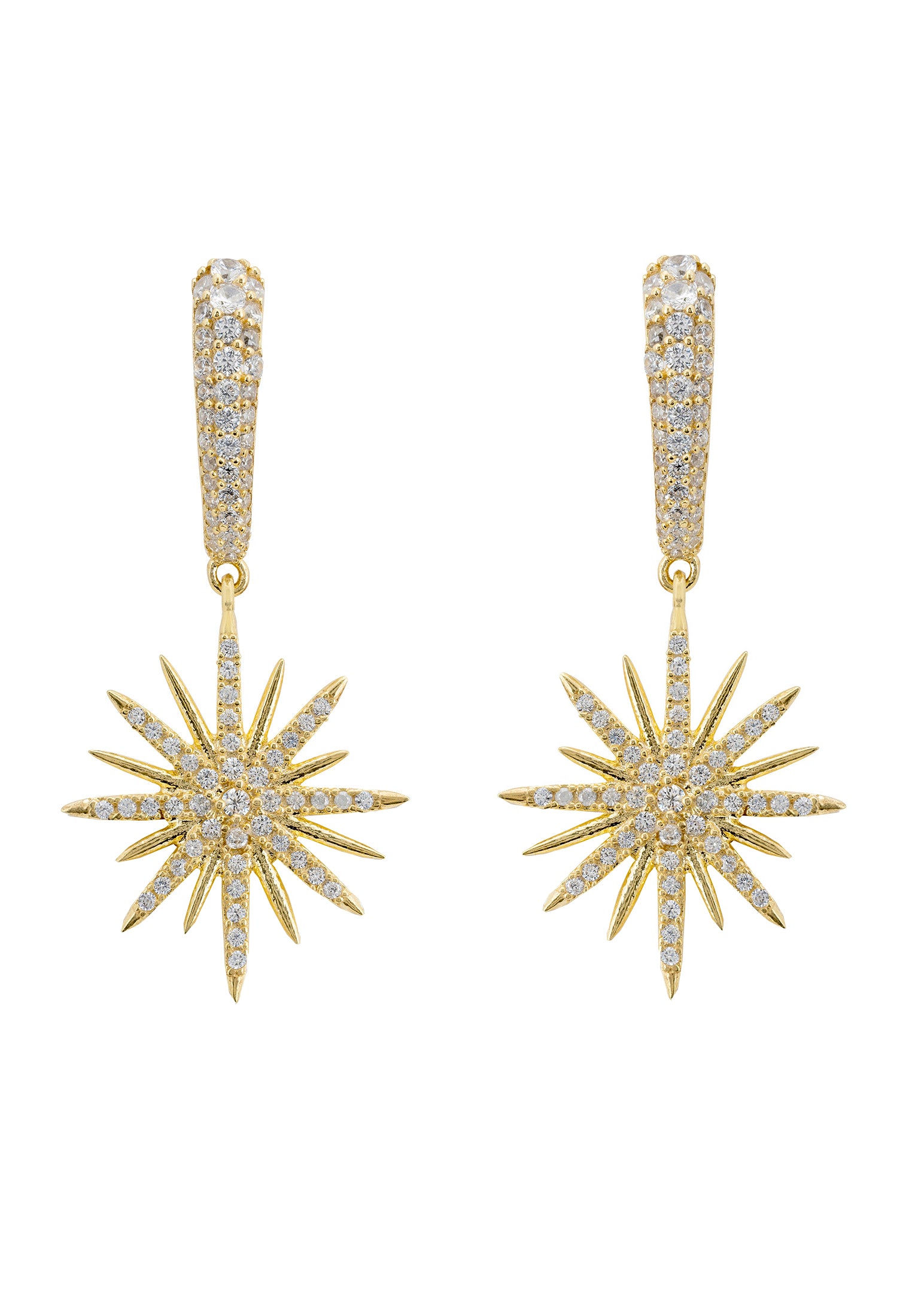 Gold star-shaped earrings with silver gemstones on a white background