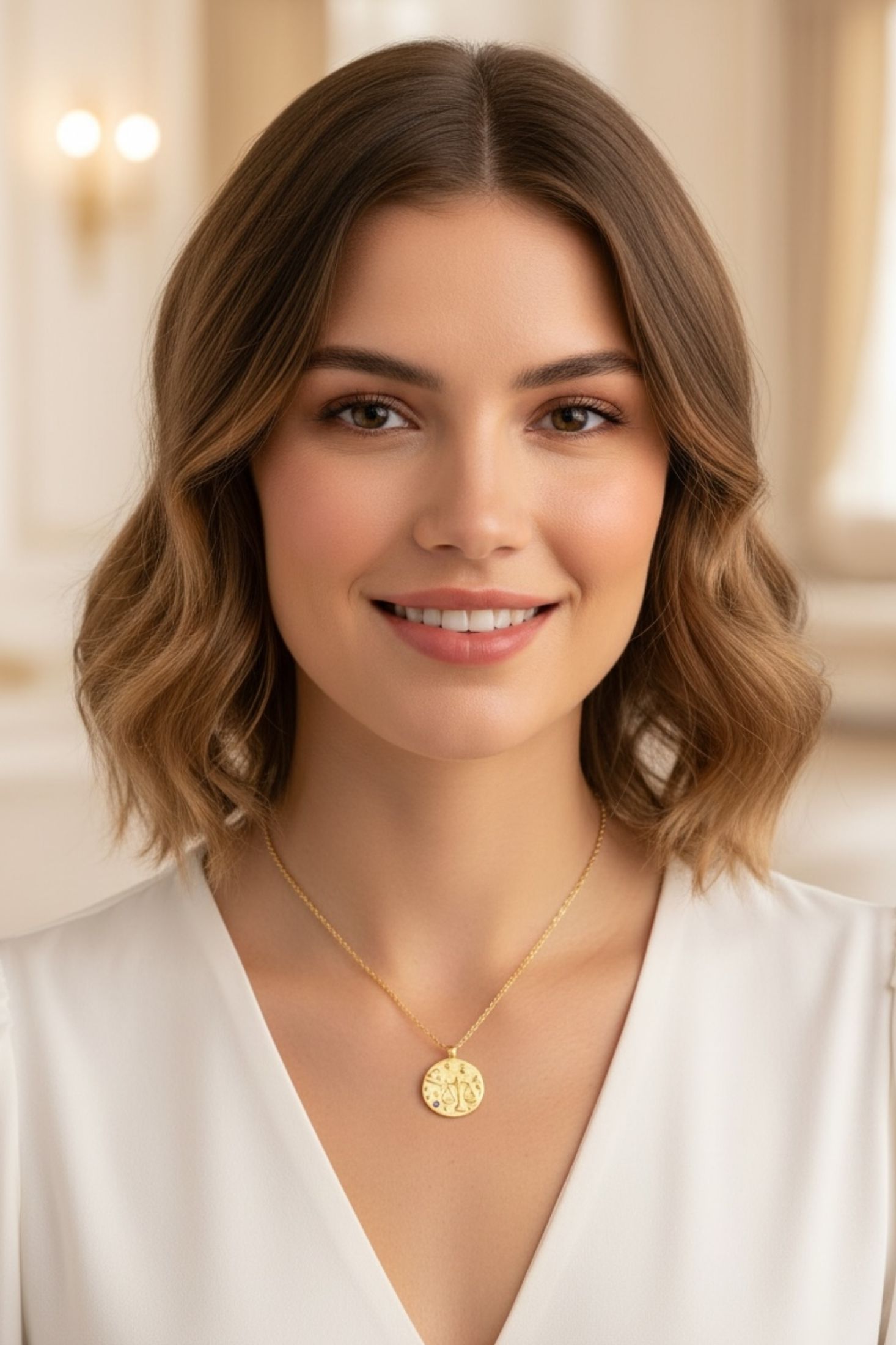 Gold necklace with a circular pendant worn by a model