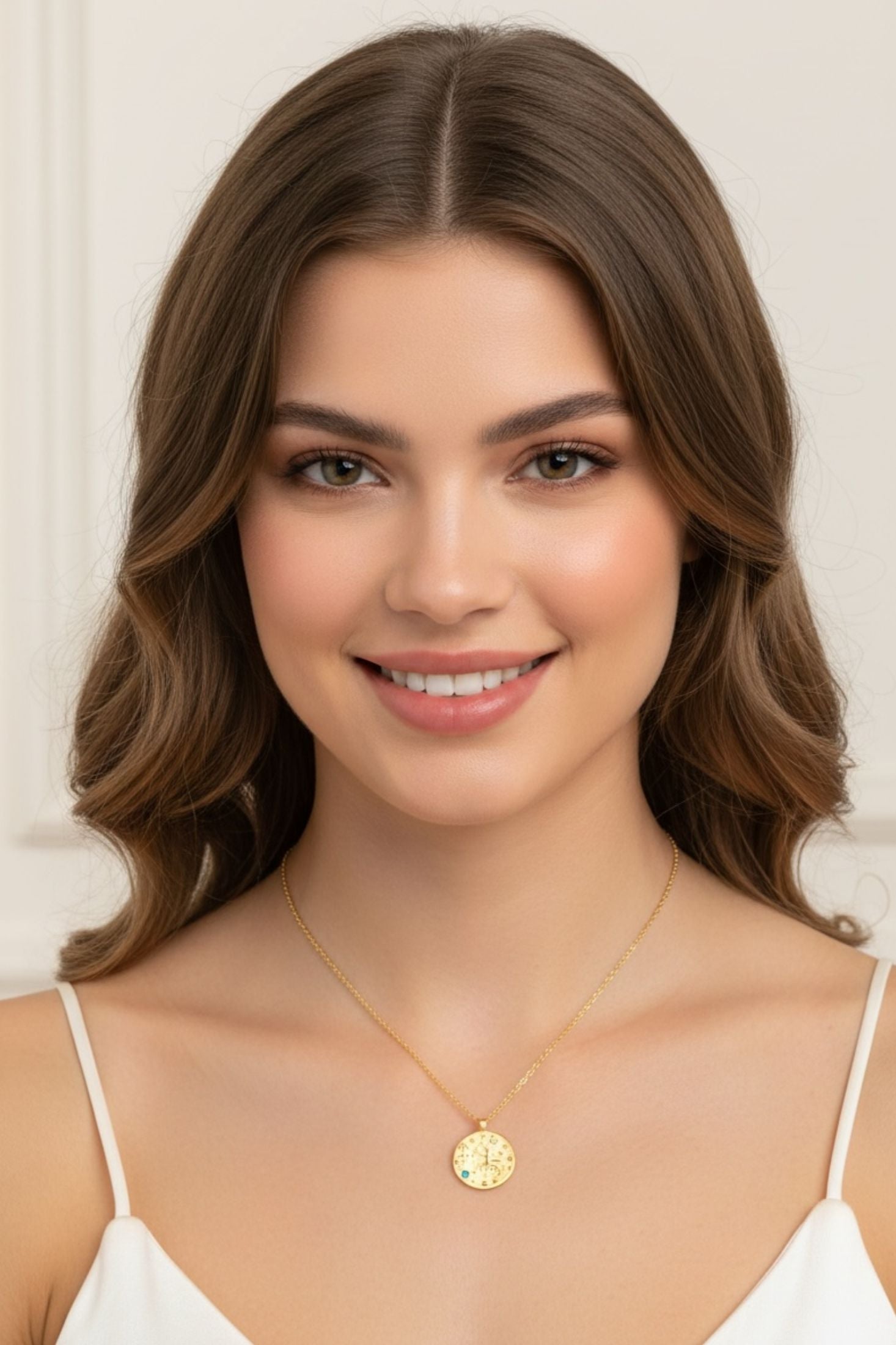 Gold pendant necklaces worn by a model.