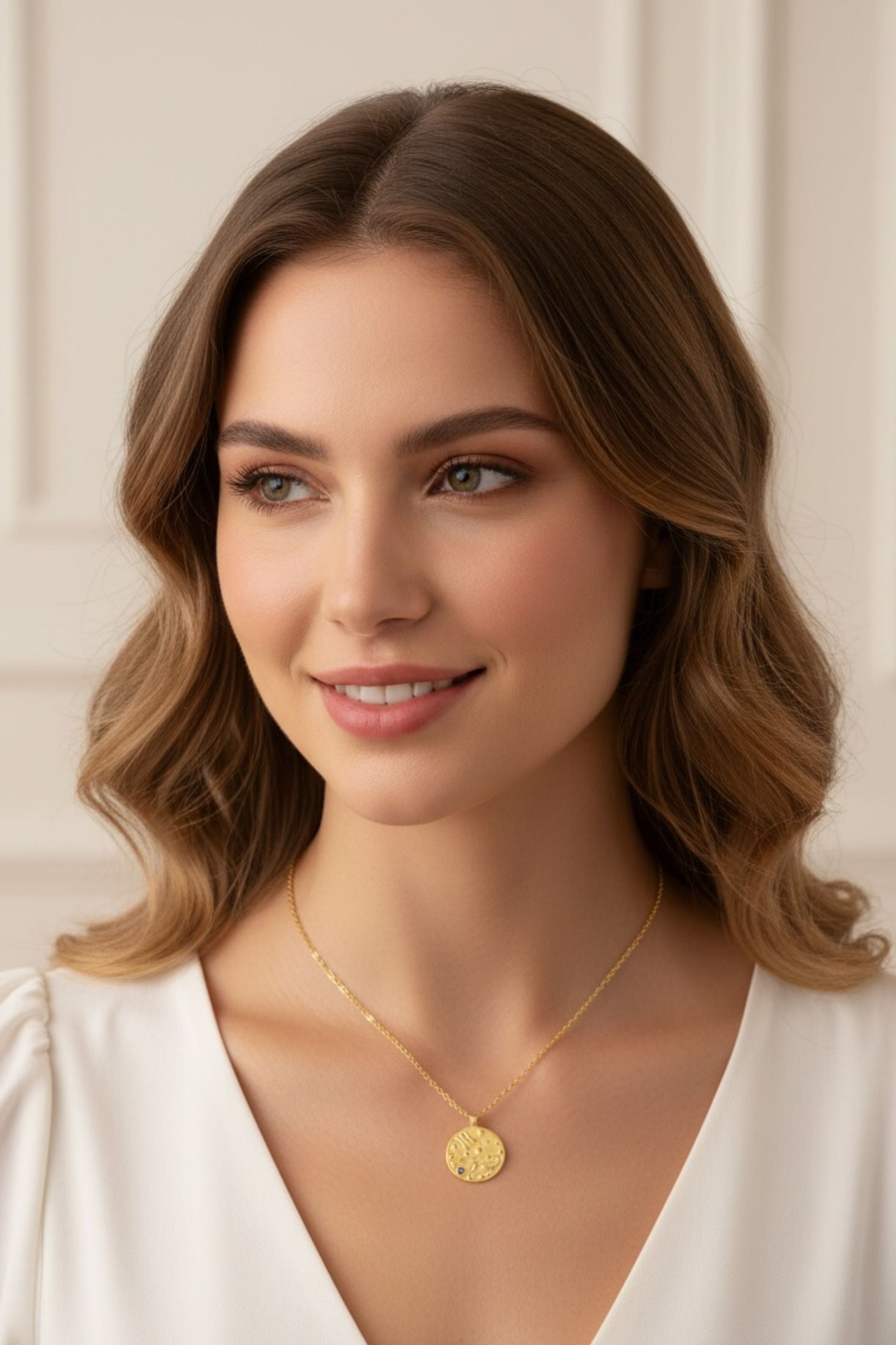 Woman wearing a gold necklace with a pendant against a neutral background