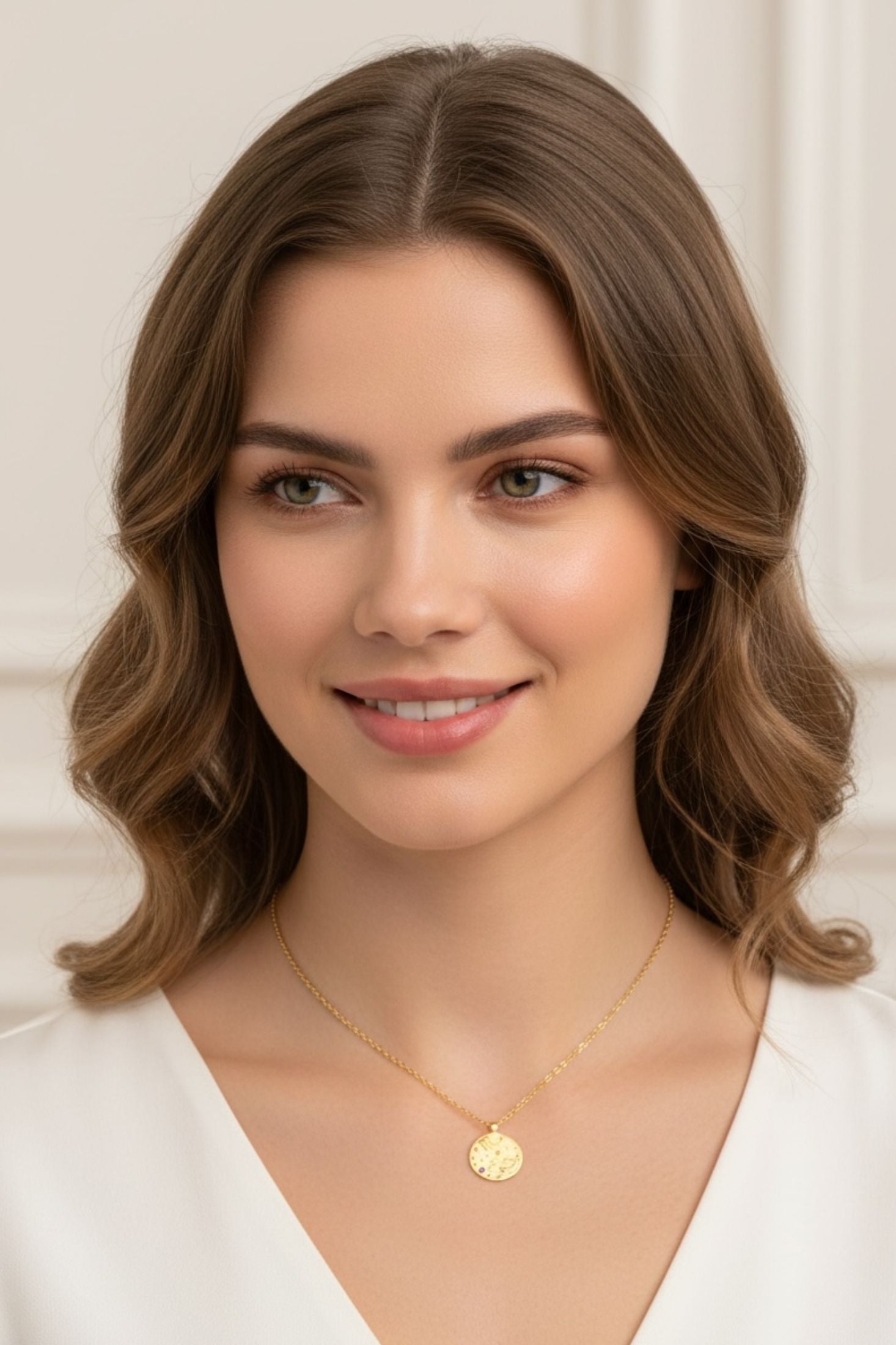 Gold pendant necklaces worn by a model.