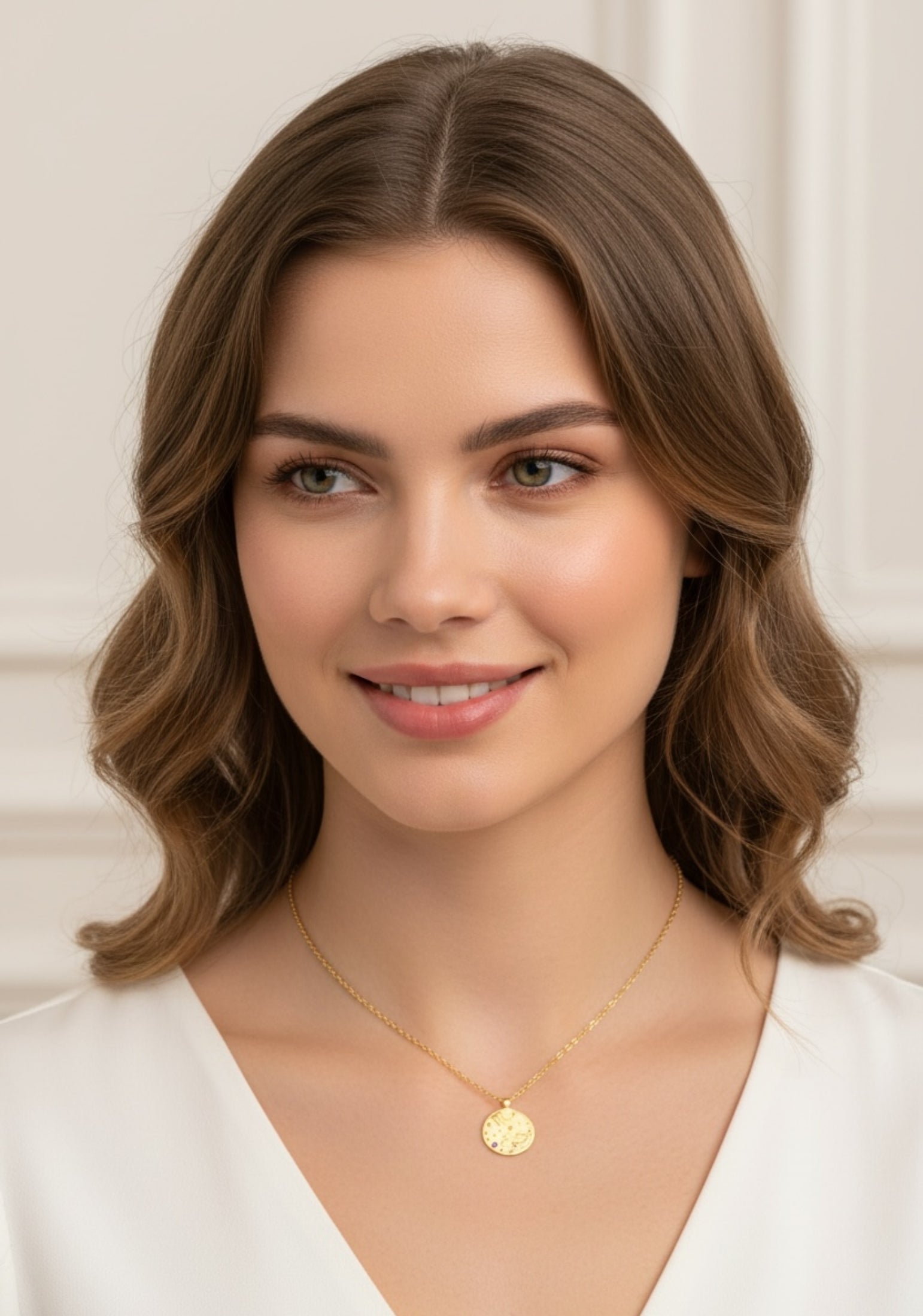Gold pendant necklaces worn by a model.