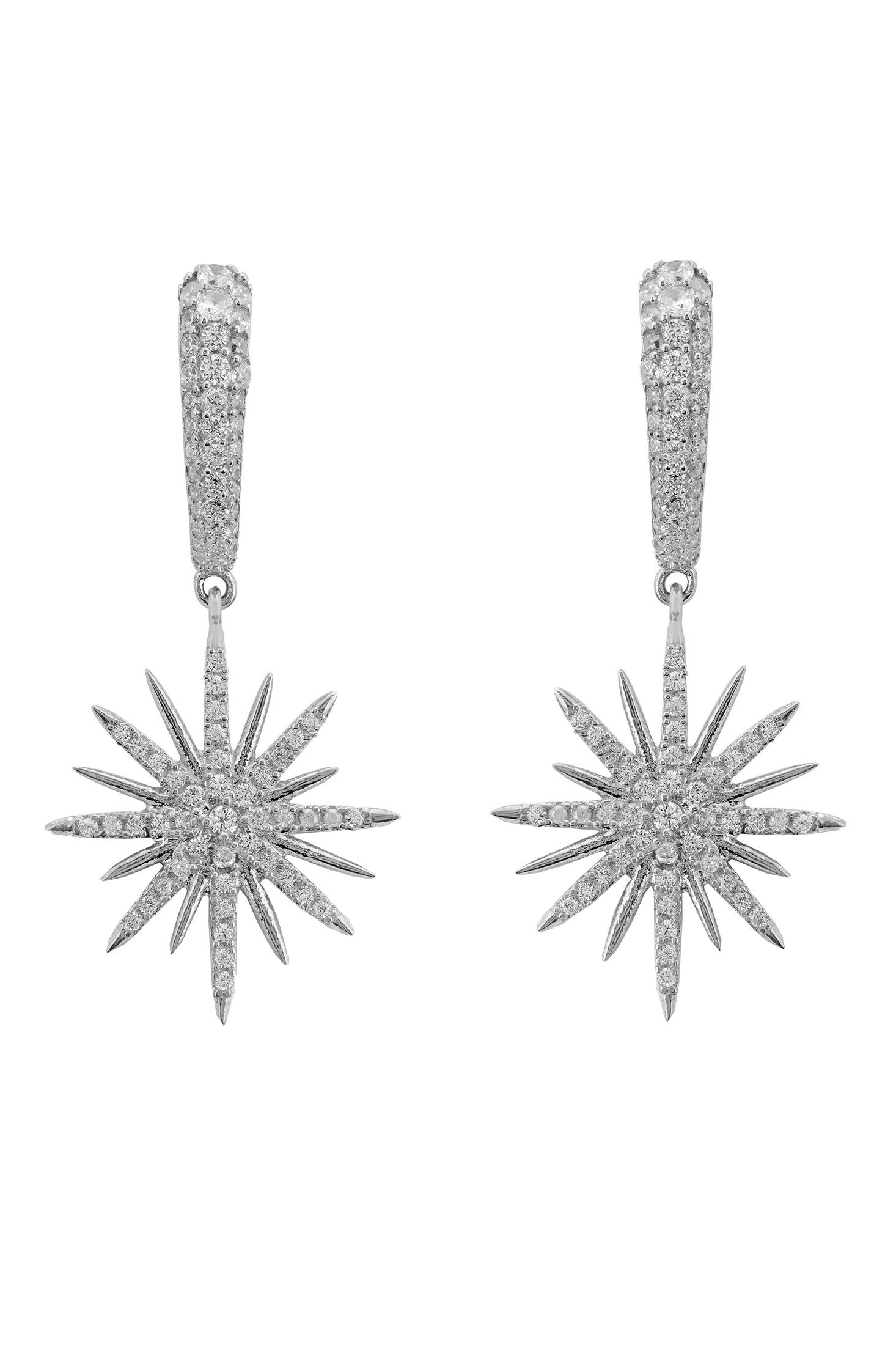Star-shaped silver earrings with clear gemstones on a white background