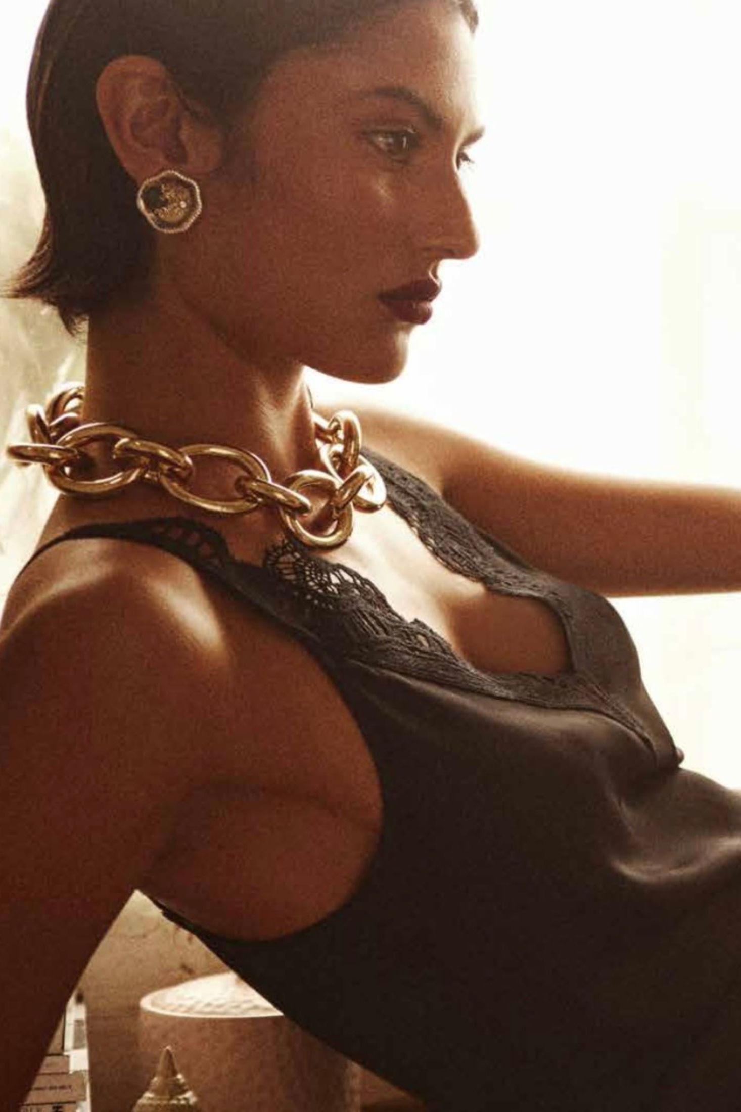 The earring worn by a model.