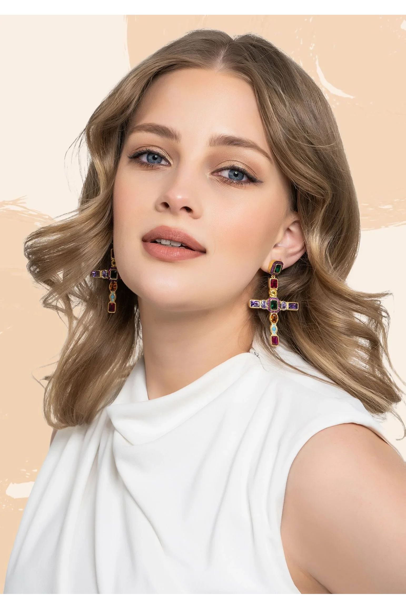 Maria Extra Large Gemstone Fashion Earrings Gold (Cross)