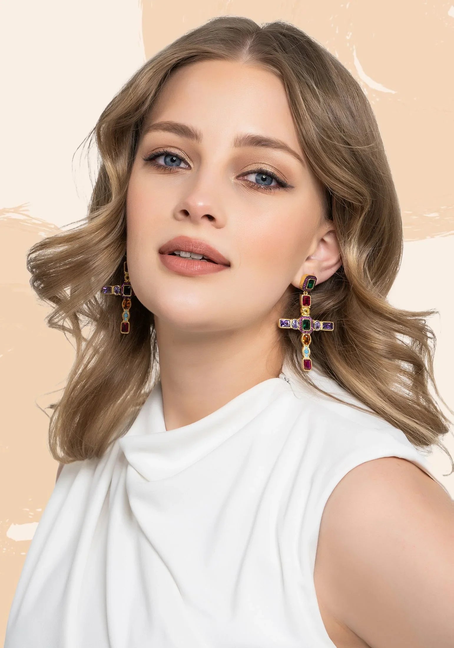 Maria Extra Large Gemstone Fashion Earrings Gold (Cross)