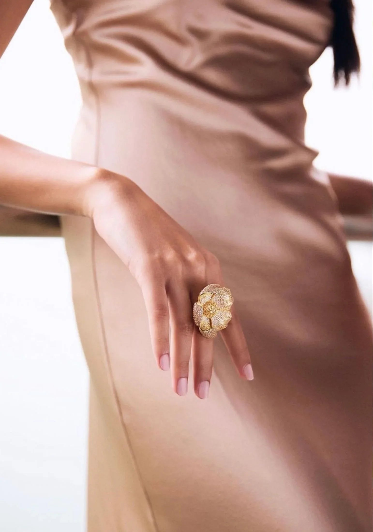 The ring worn by a model.
