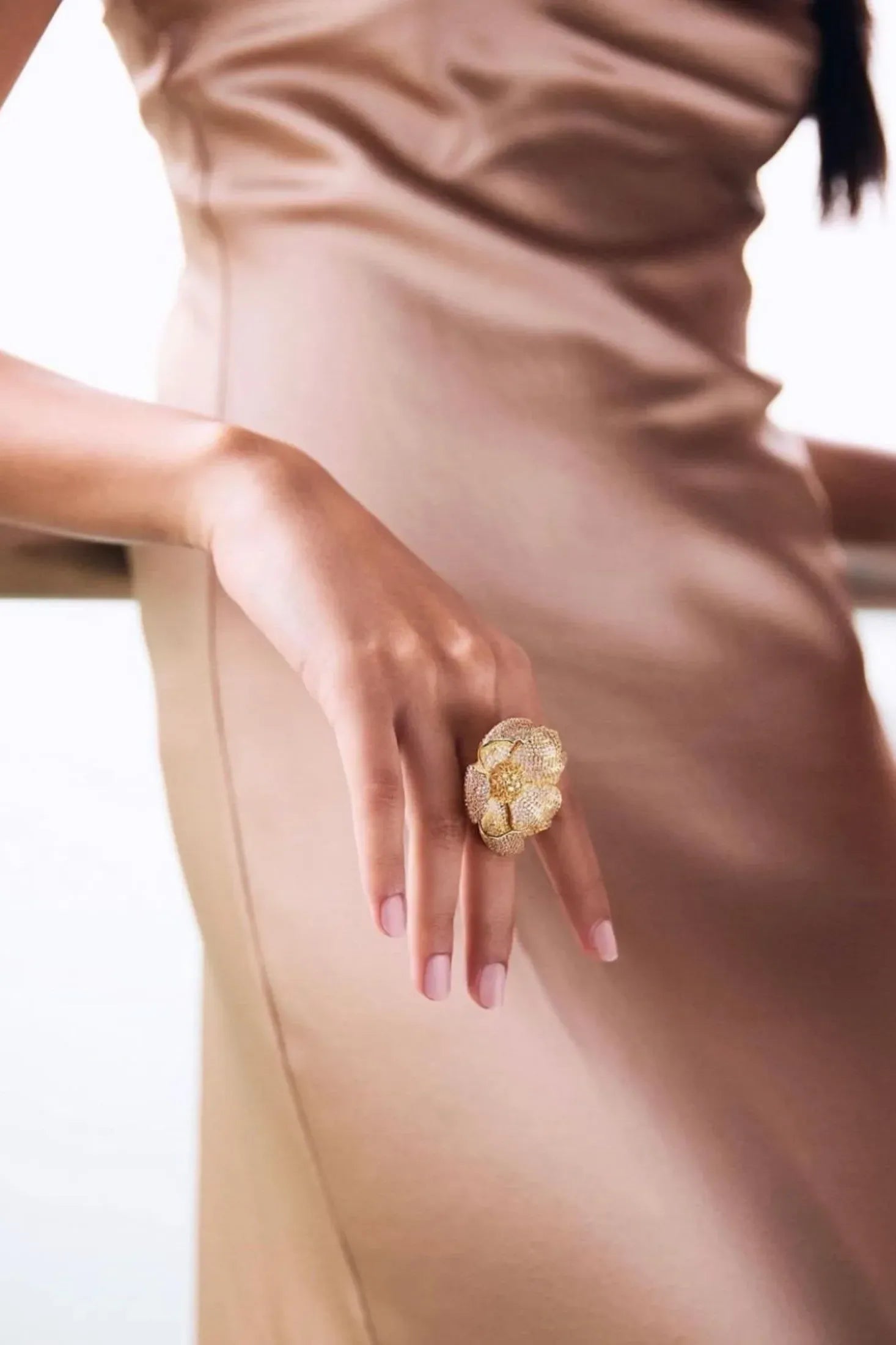 The ring worn by a model.