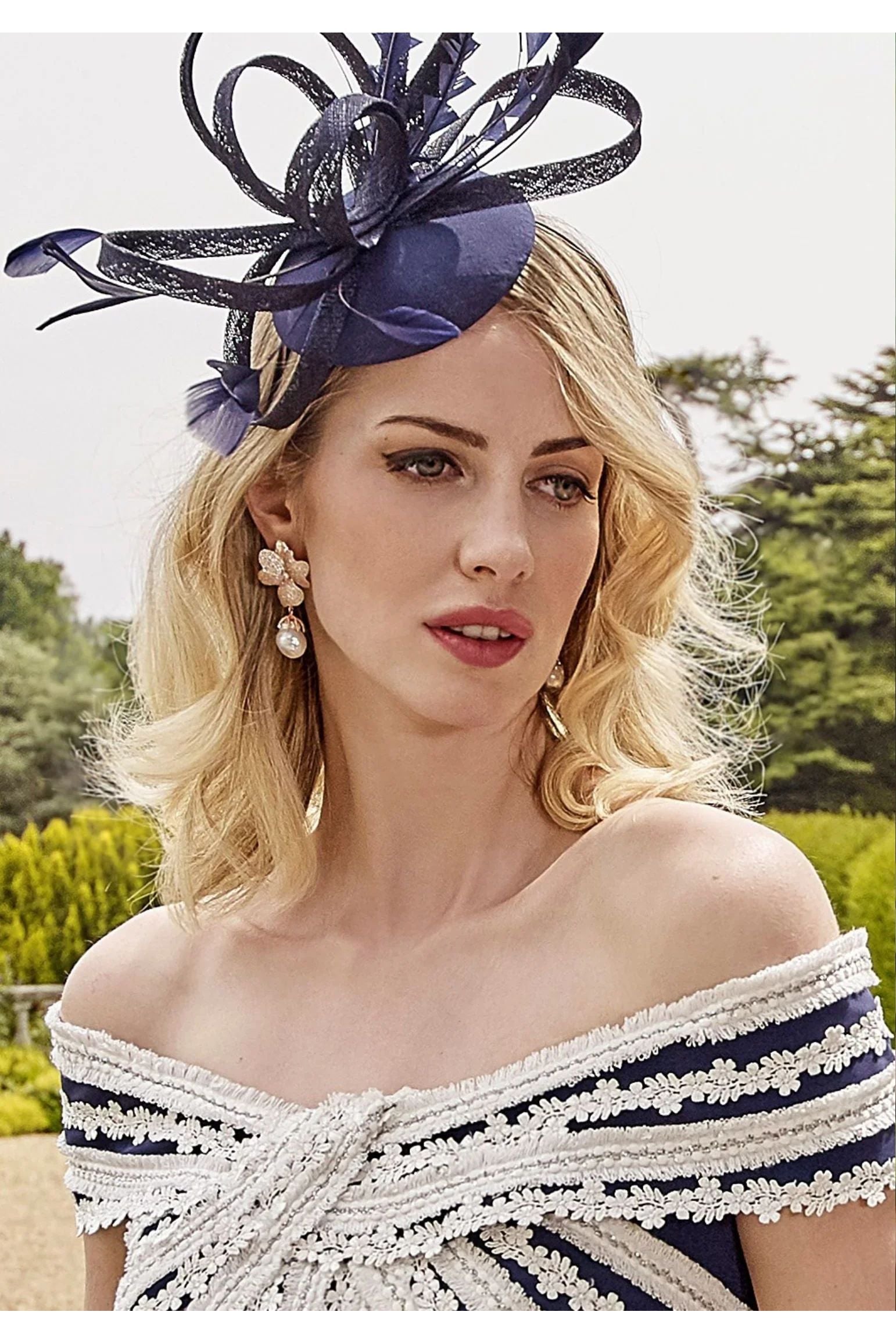 The earrings worn by a model.