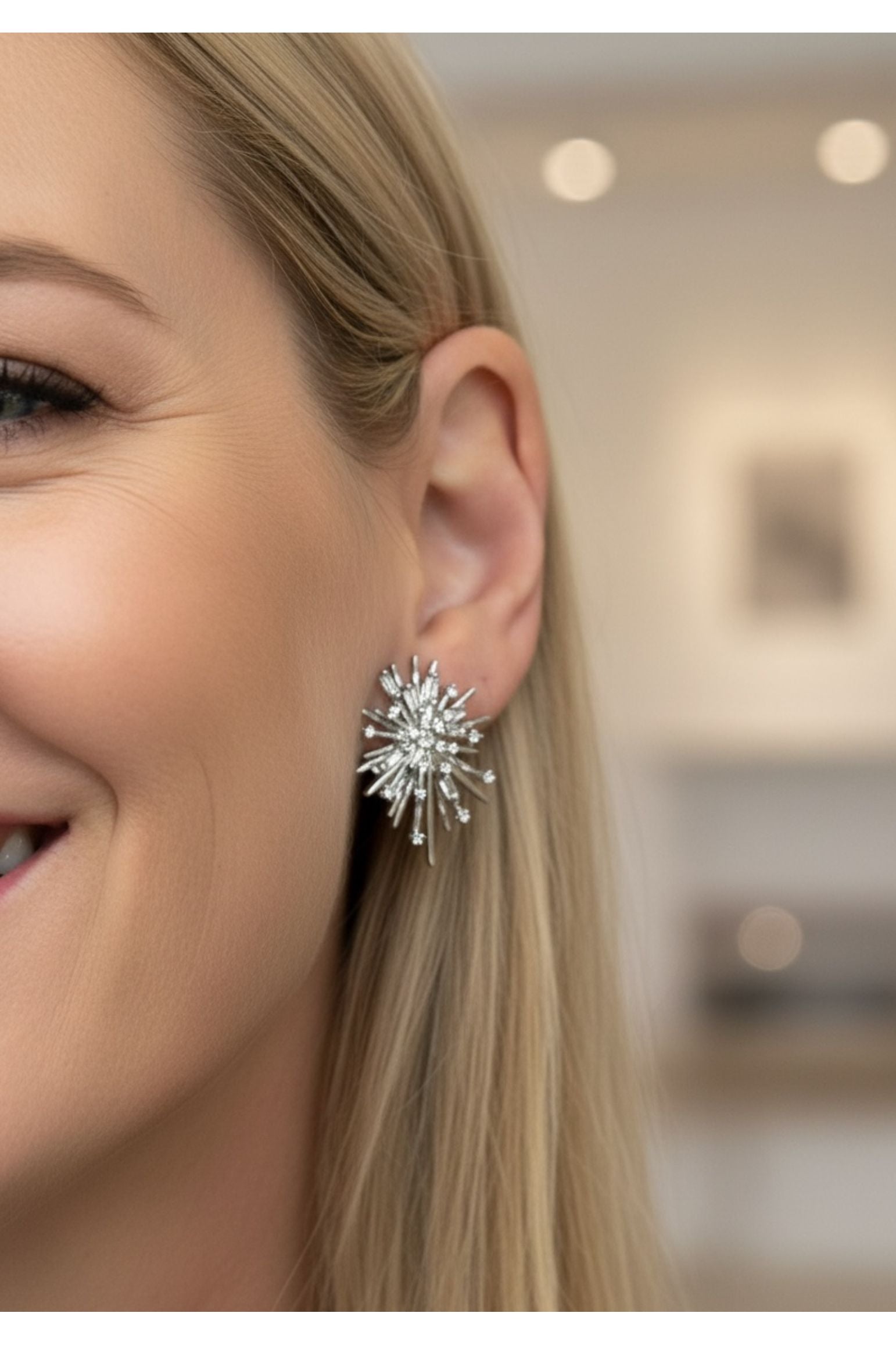 The earring worn by a model.