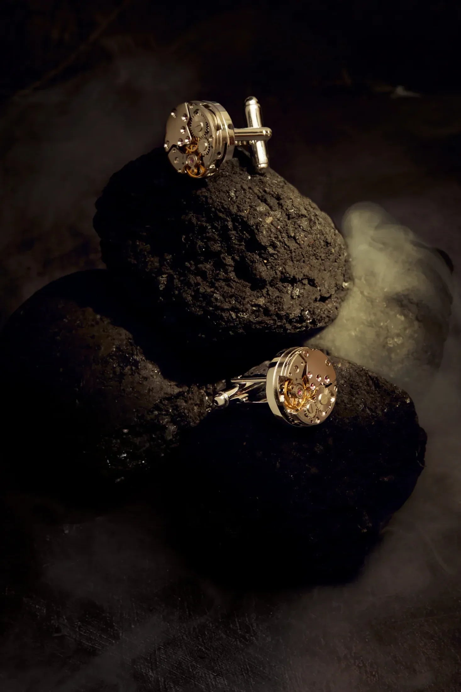 Watch Movement Cufflink Silver worn by a model, showing its scale and appearance when worn.