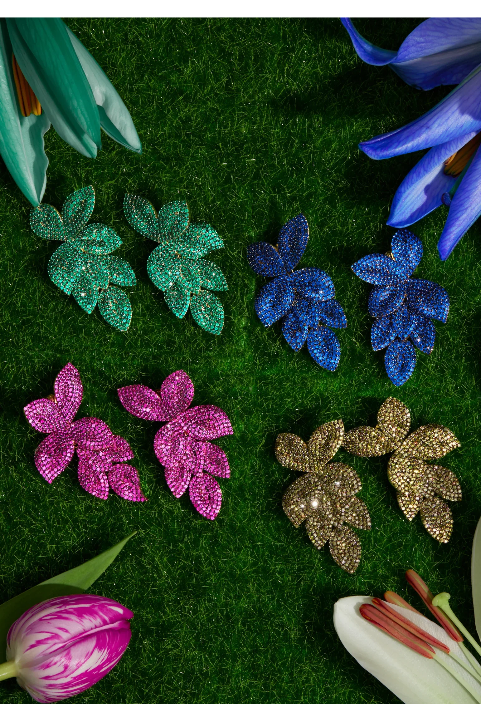 Petal Cascading Flower Earrings Gold Emerald Green