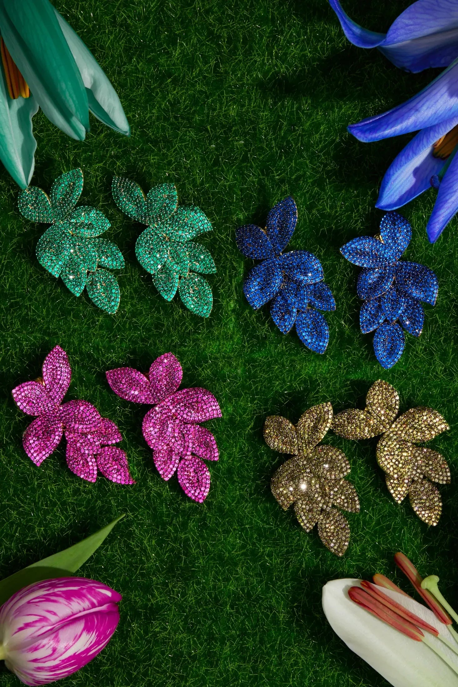 Petal Cascading Flower Earrings Rose Gold Champagne worn by a model, showing how they sit on the ear and their scale.