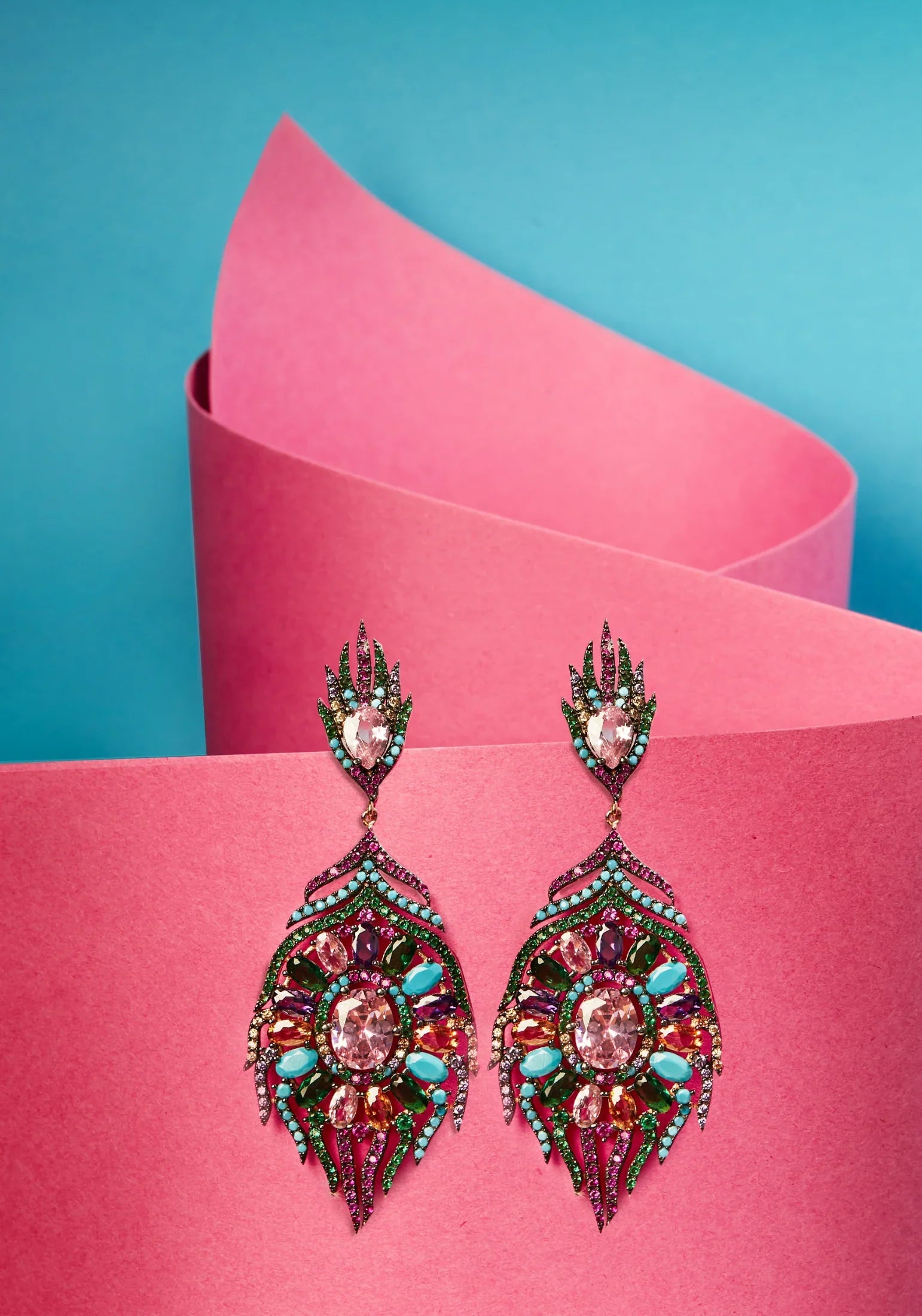 Peacock Colourful Feather Gemstone Earrings Rose Gold