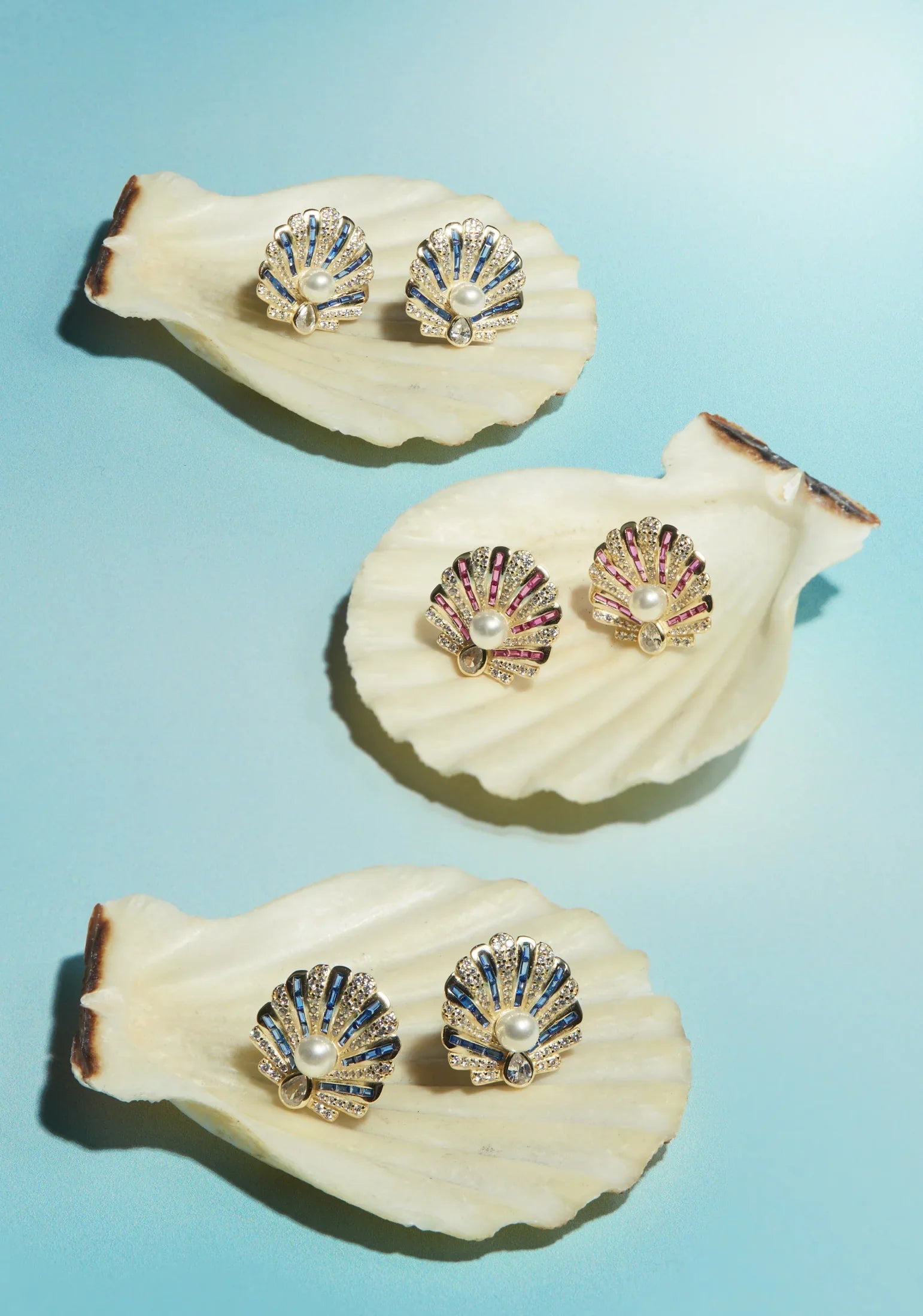 Art Deco Scallop Shell Earrings Sapphire Blue With Pearl Gold