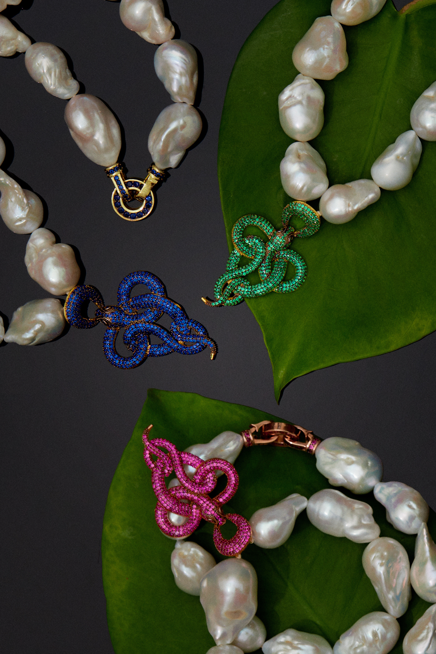 Viper Snake Baroque Pearl Statement Necklace Gold Sapphire CZ worn by a model, showing the pendant scale and how the chain sits.