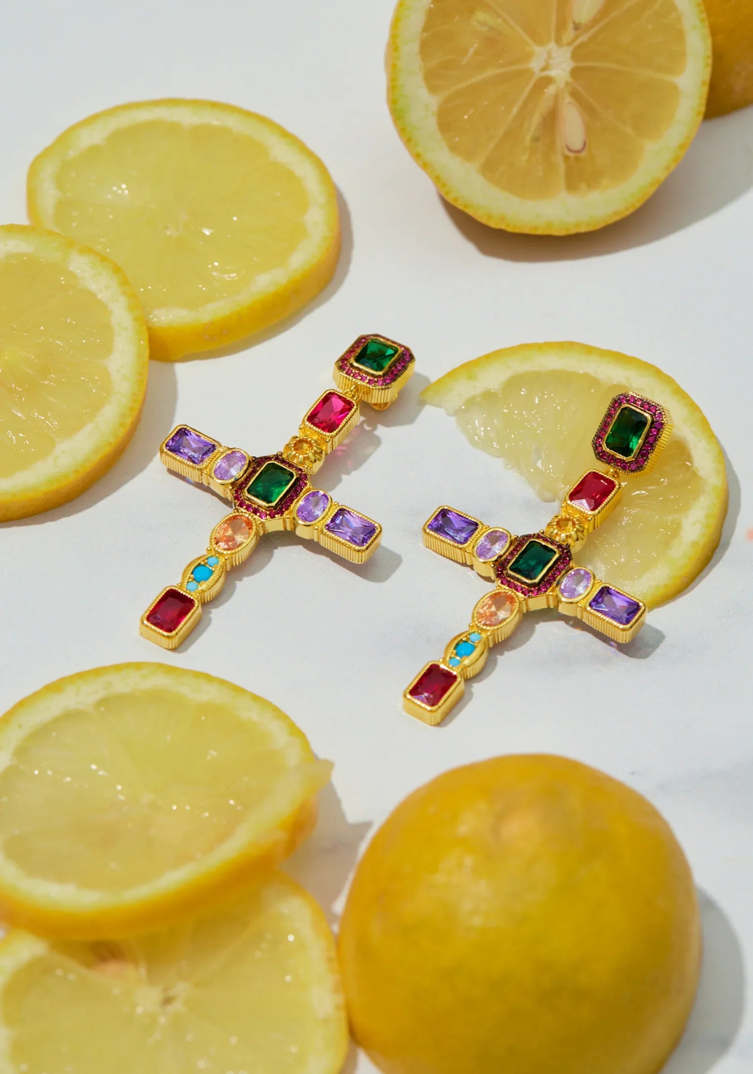 Maria Extra Large Gemstone Fashion Earrings Gold (Cross)