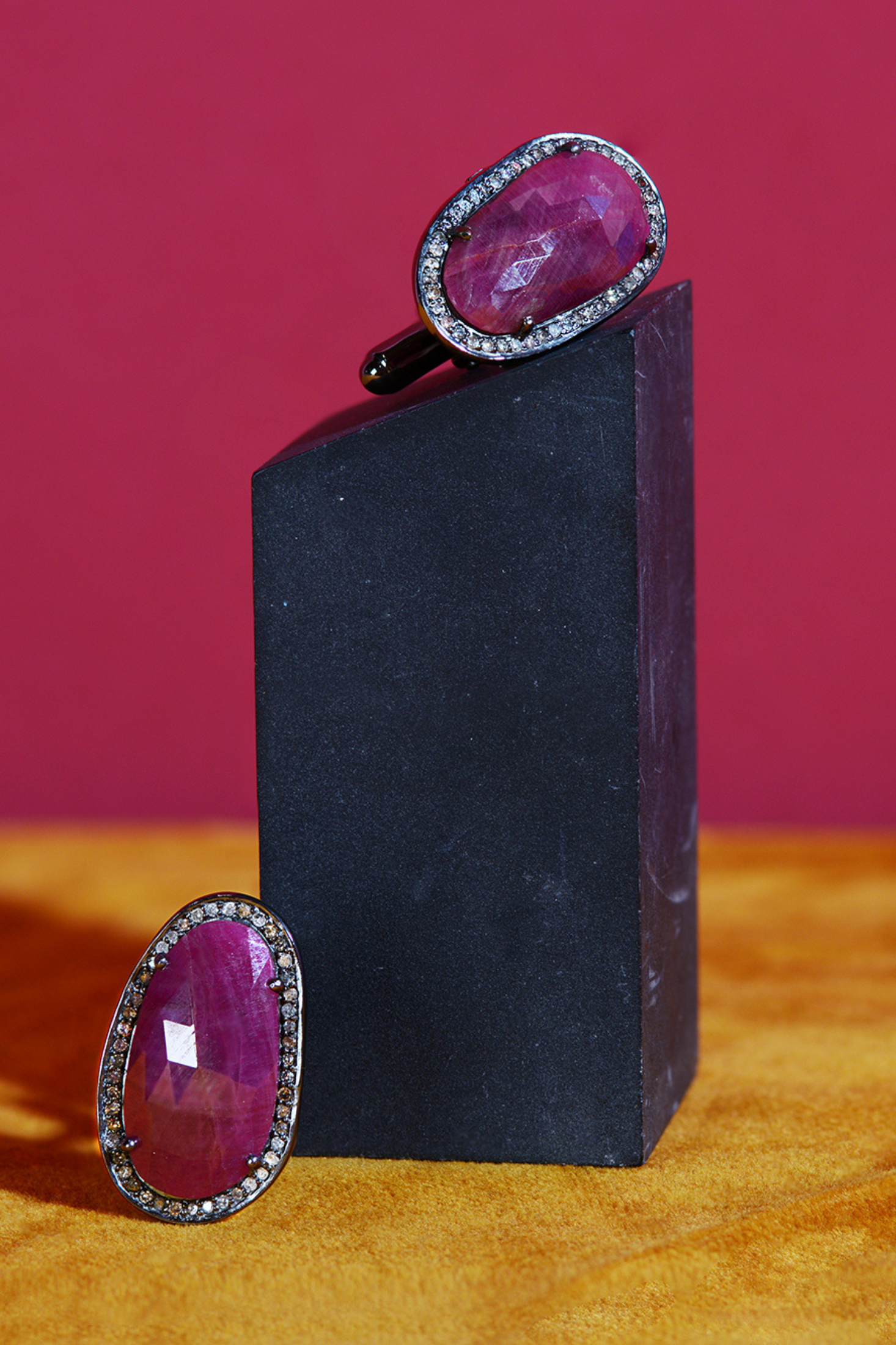 Ruby Cufflink Oxidised Silver Champagne Diamonds worn by a model, showing its scale and appearance when worn.