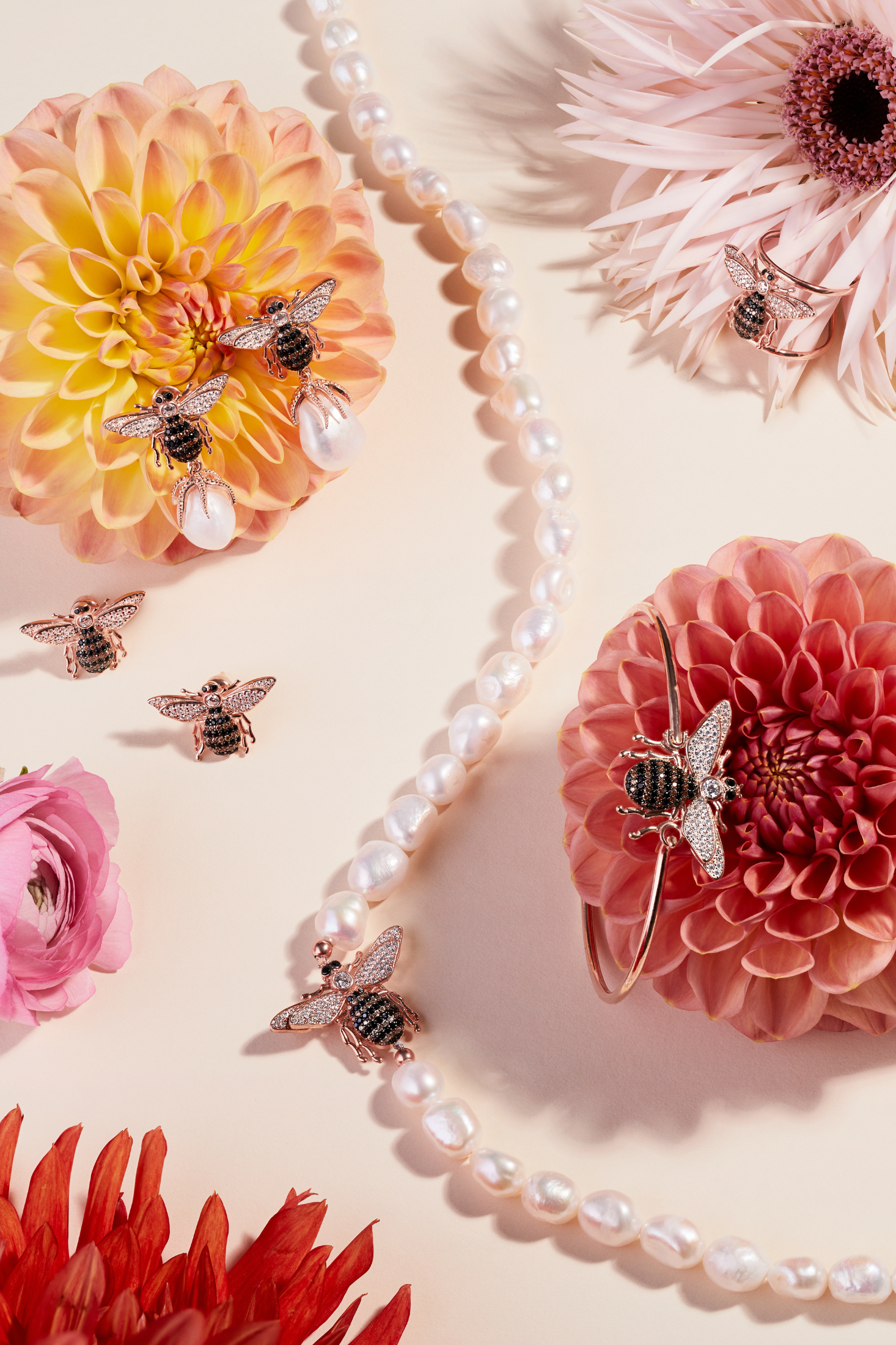 Baroque Pearl Honey Bee Drop Earrings Rosegold