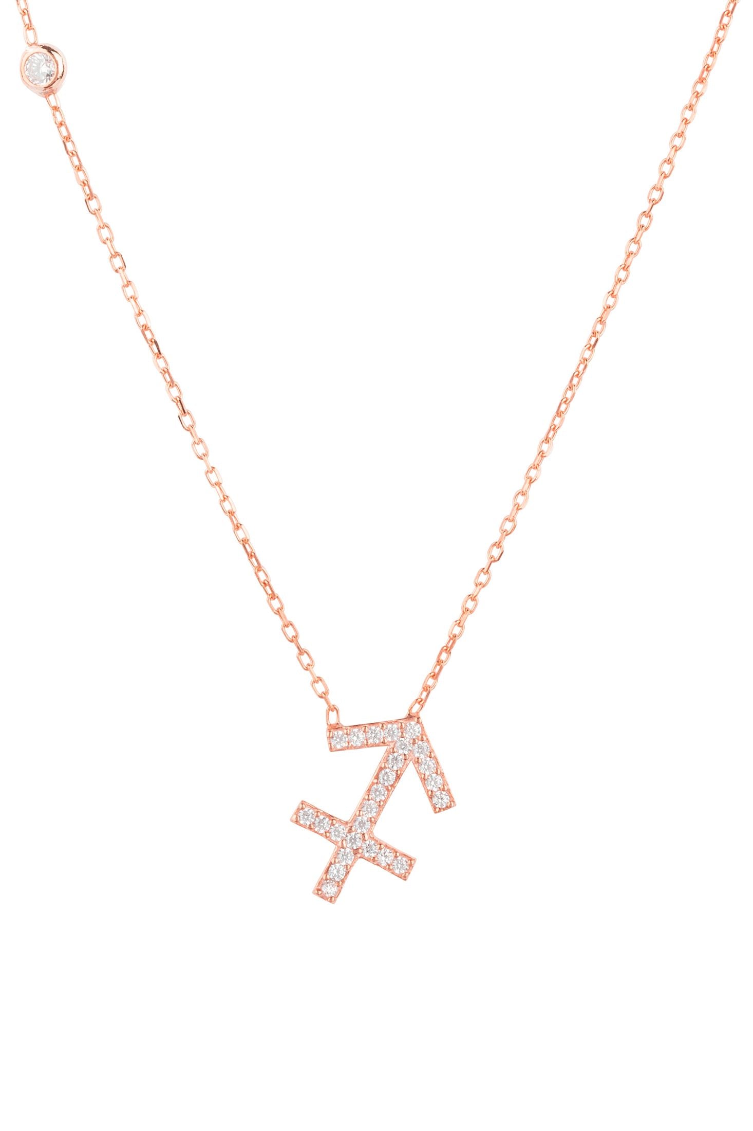 Front view of Zodiac Star Sign Pendant Necklace Rose Gold Sagittarius, showing star design, rose gold finish.