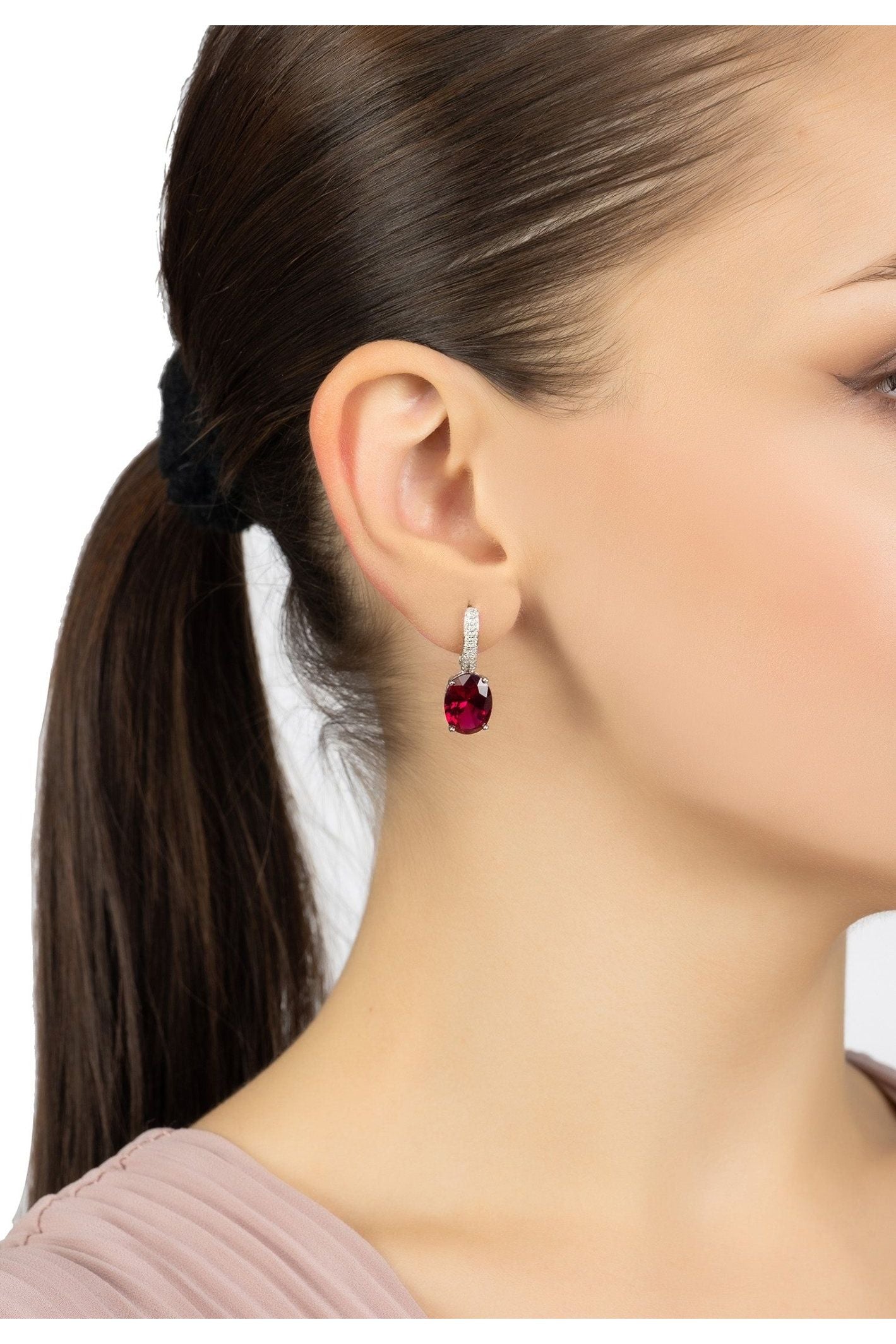 Alexandra Oval Drop Earrings Silver Ruby - LATELITA Earrings