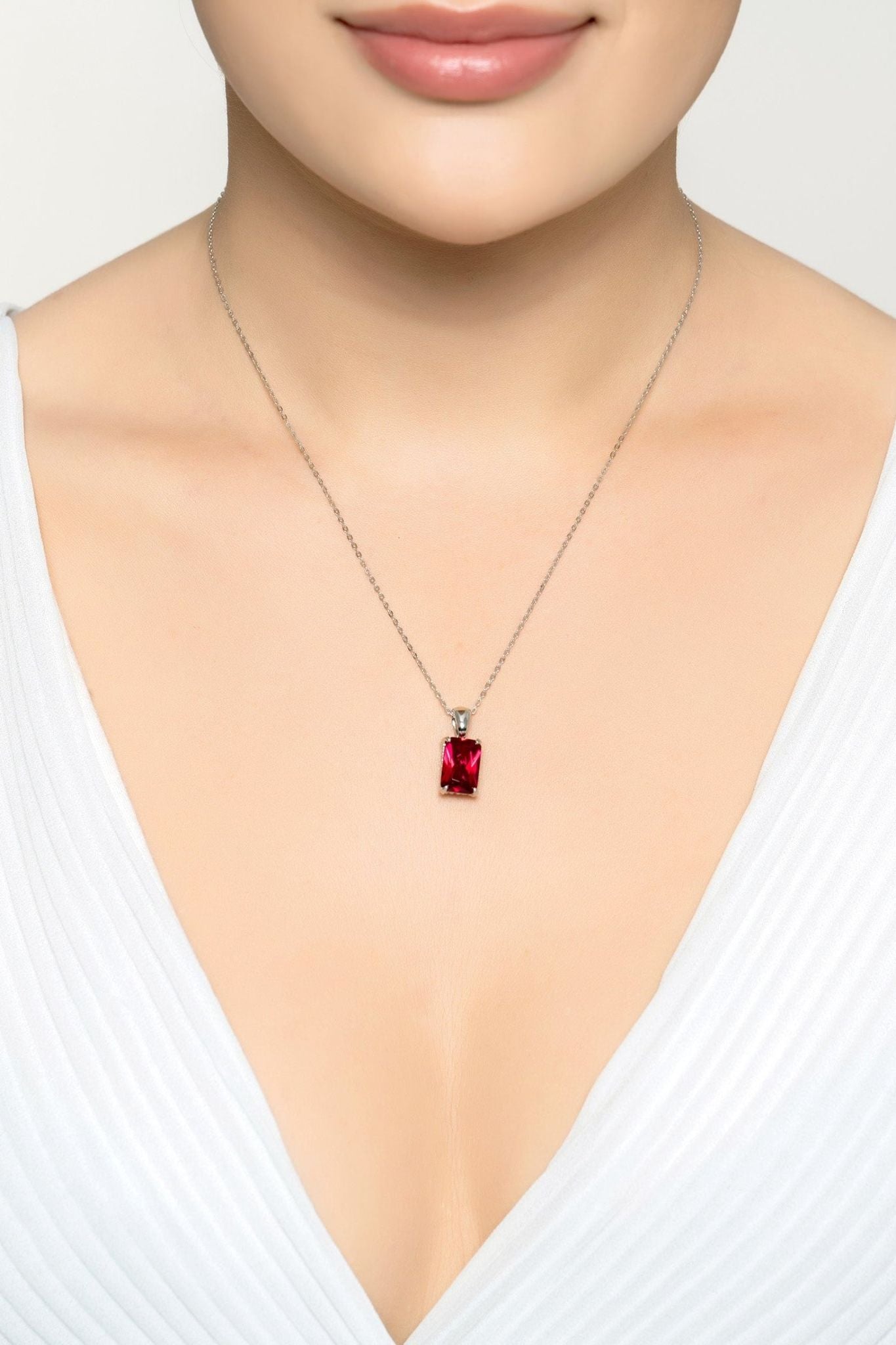 Alexandra Rectangle Gemstone Necklace Silver Ruby - LATELITA Necklaces