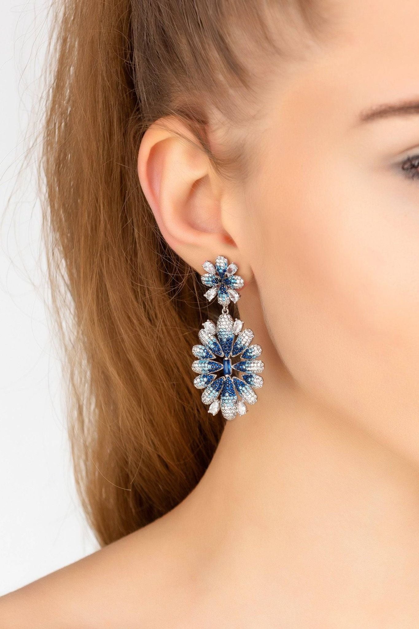 Babylon Ice Blue Gradient Flower Drop Earrings Silver - LATELITA Earrings