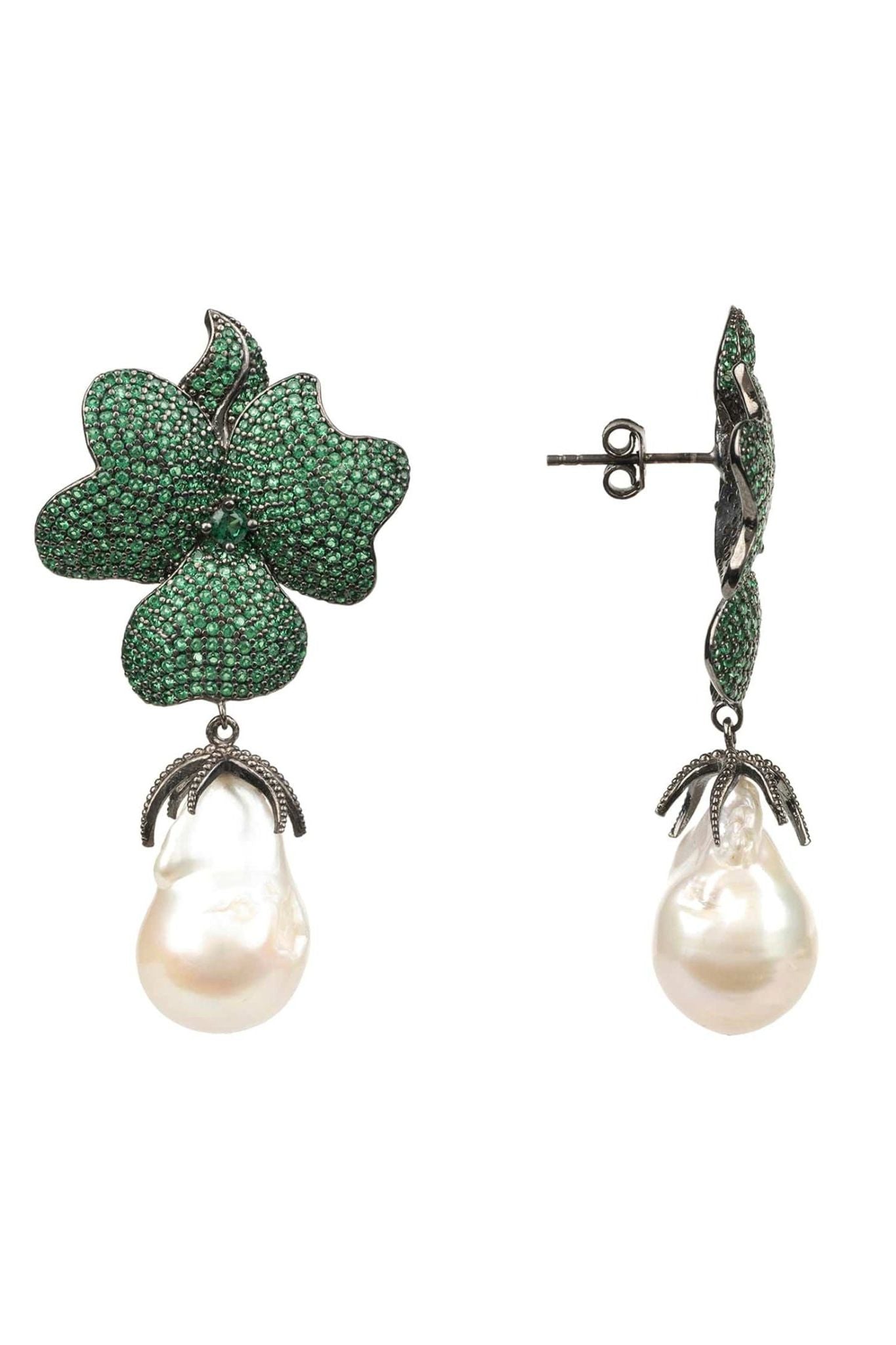 Baroque Pearl Green Flower Drop Earring Oxidised - LATELITA Earrings