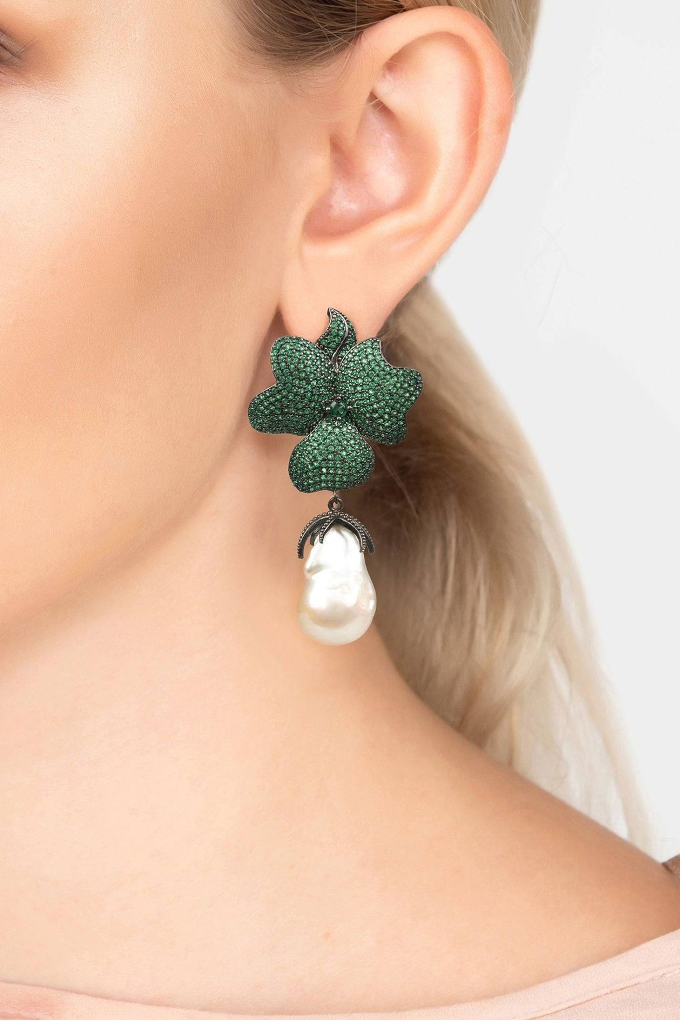Baroque Pearl Green Flower Drop Earring Oxidised - LATELITA Earrings