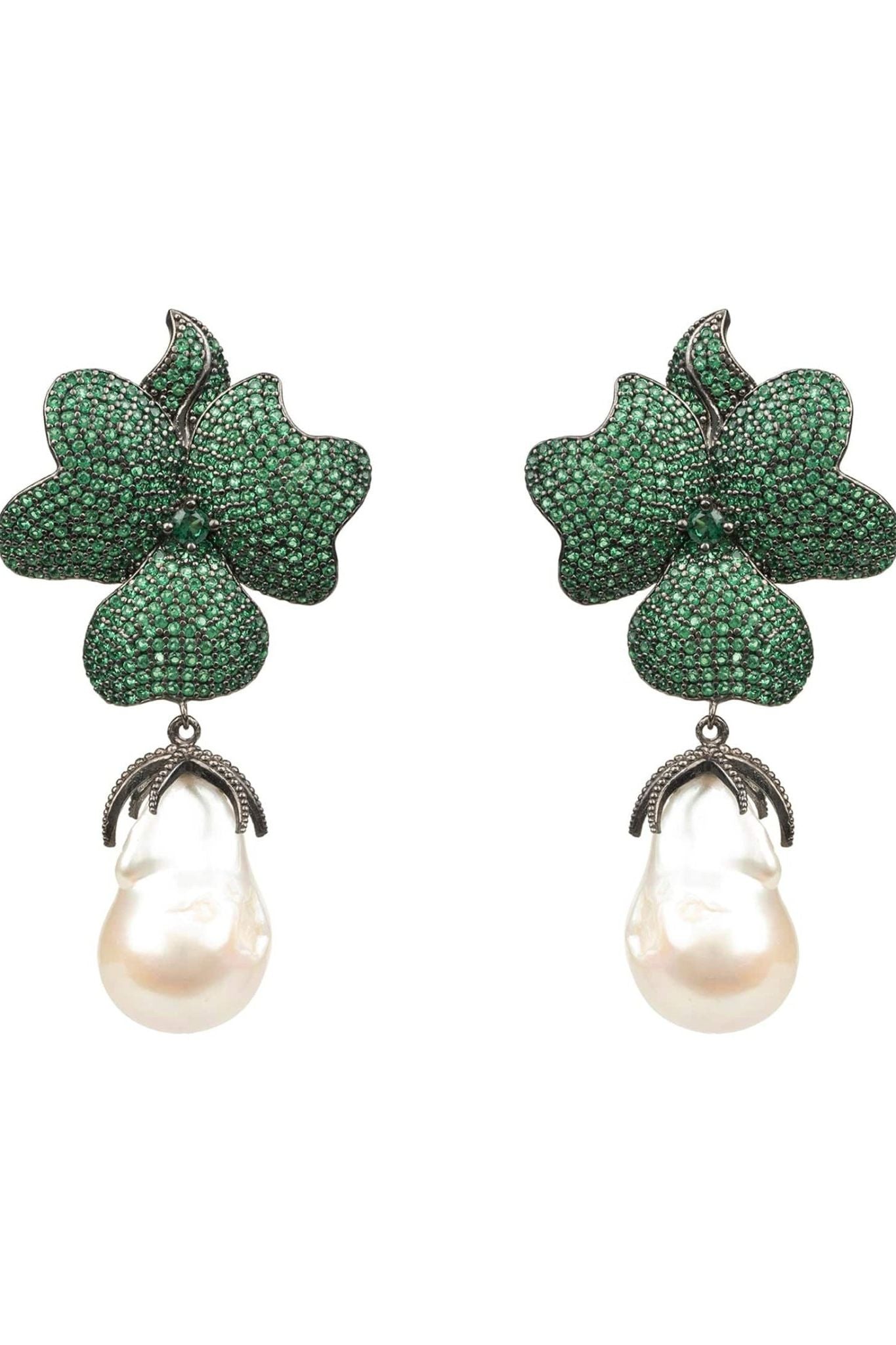 Baroque Pearl Green Flower Drop Earring Oxidised - LATELITA Earrings