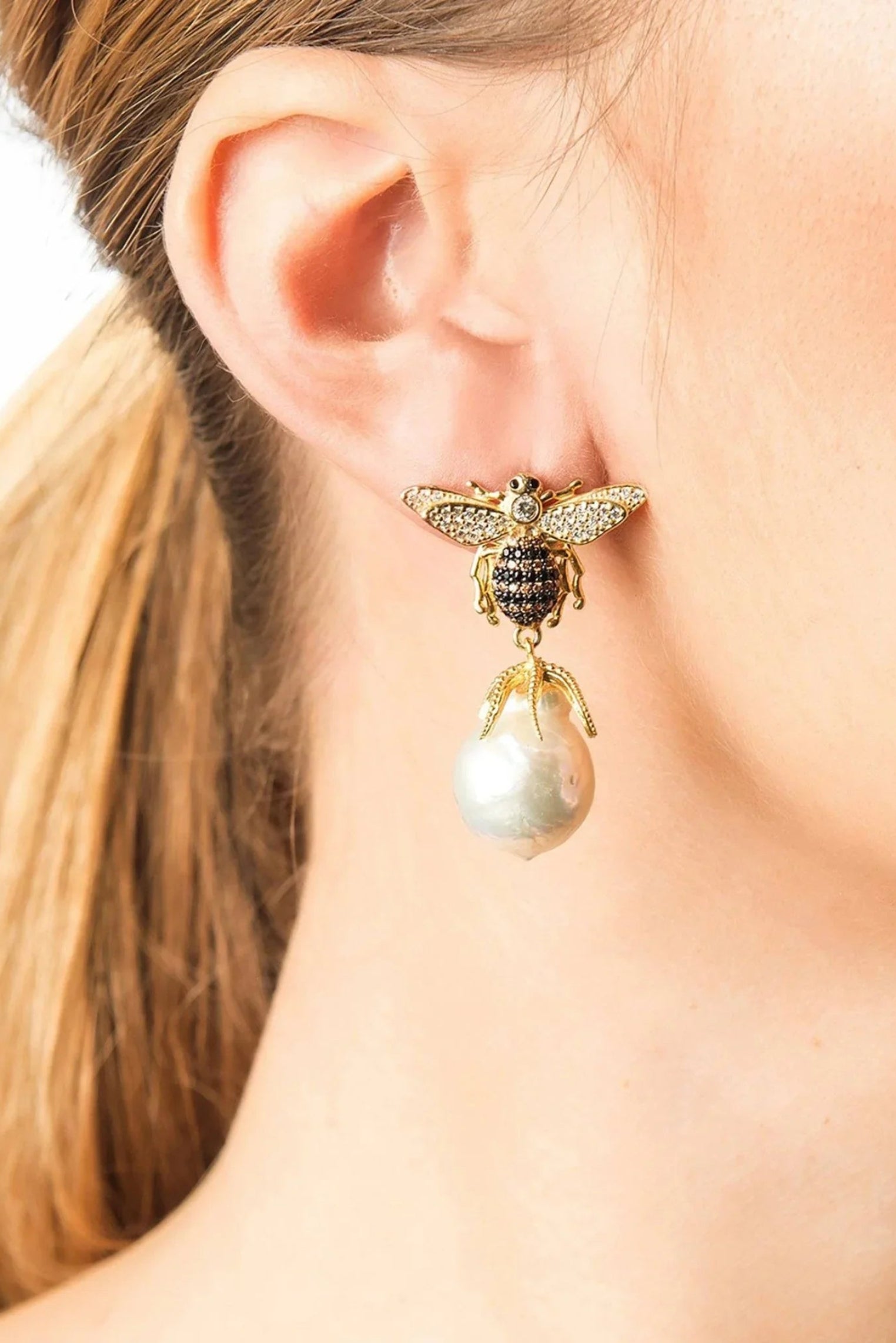 Baroque Pearl Honey Bee Drop Earrings Gold - LATELITA Earrings