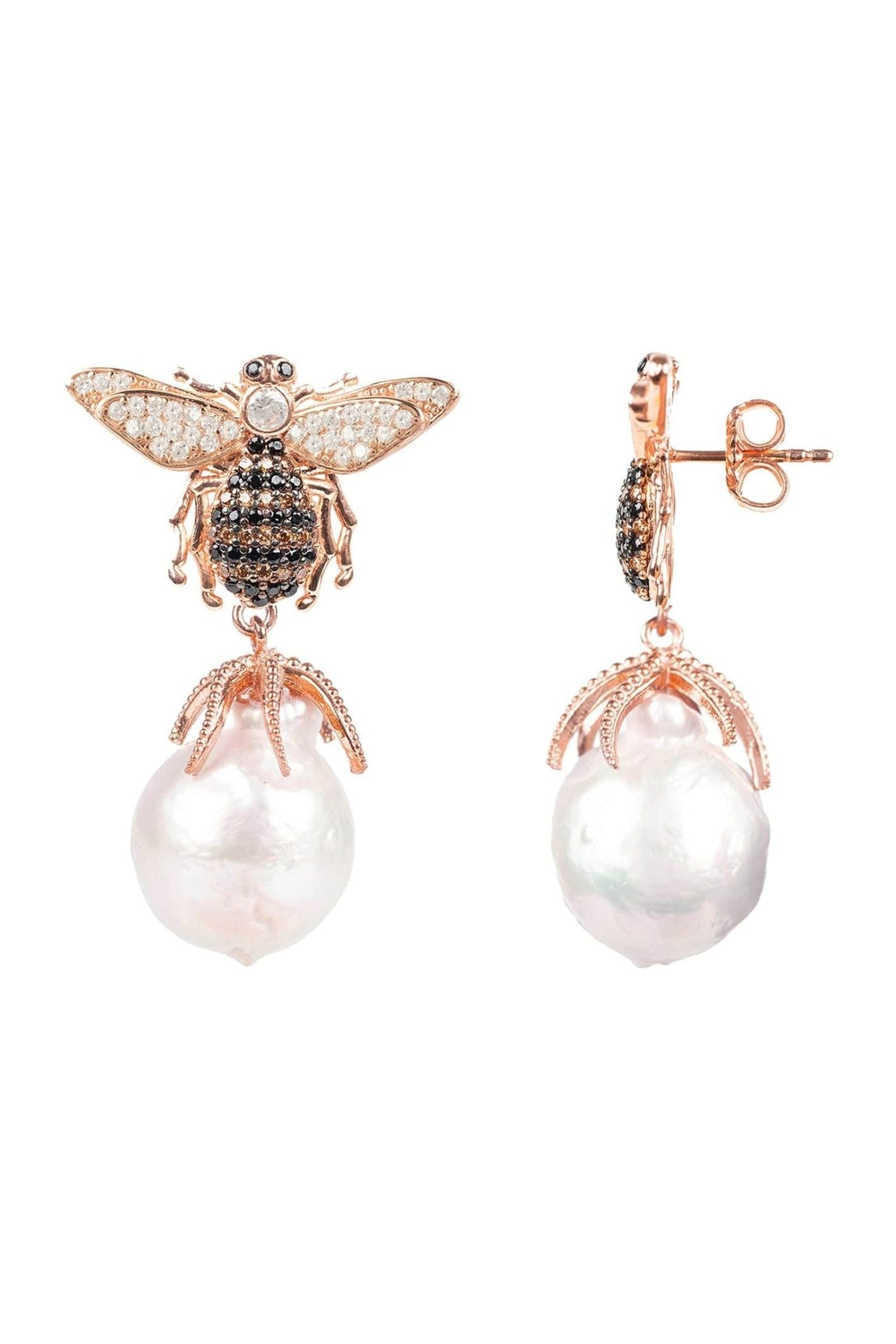 Baroque Pearl Honey Bee Drop Earrings Rosegold - LATELITA Earrings