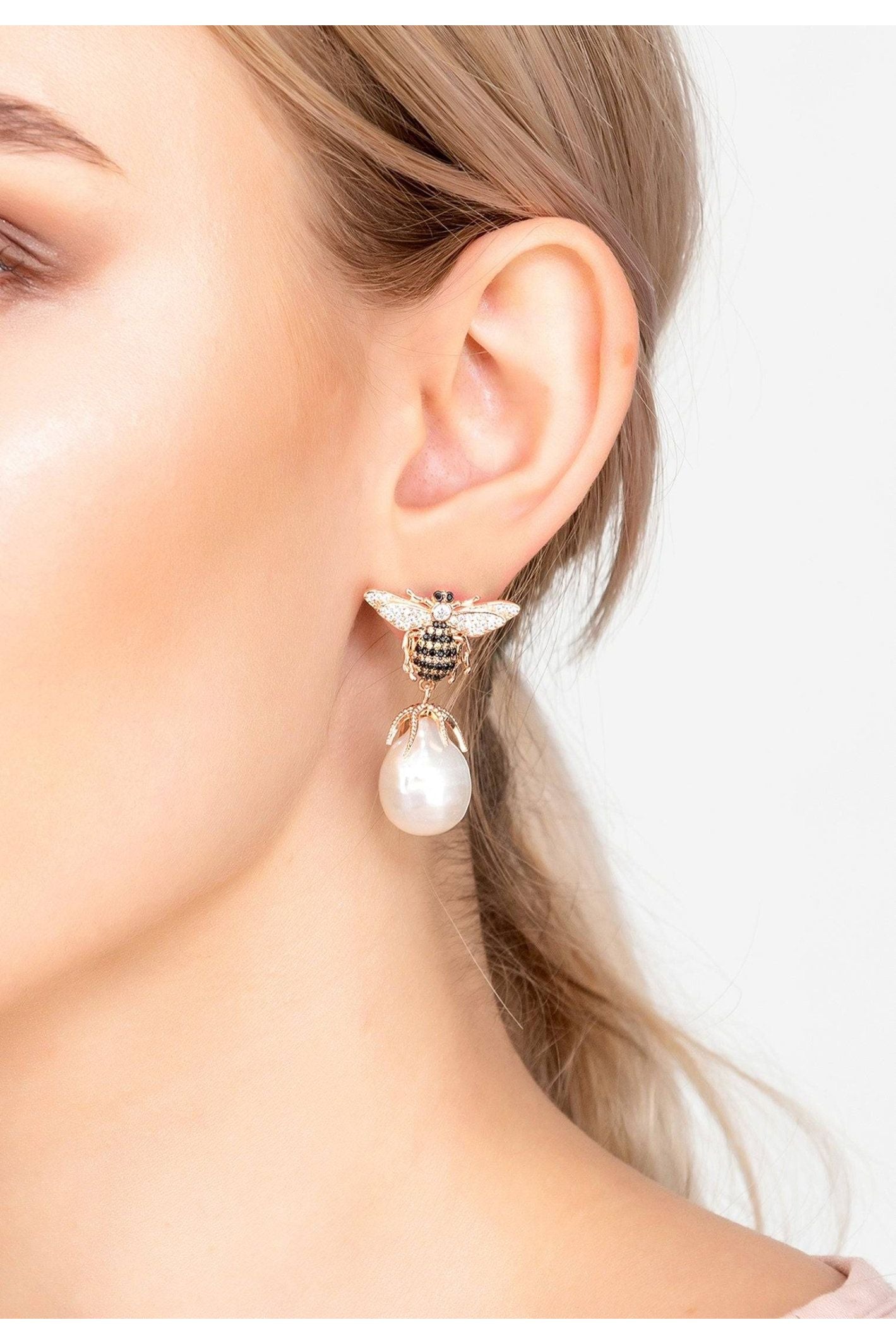 Baroque Pearl Honey Bee Drop Earrings Rosegold - LATELITA Earrings