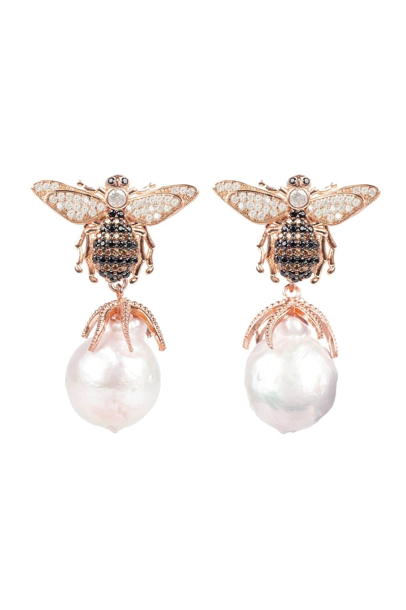 Baroque Pearl Honey Bee Drop Earrings Rosegold - LATELITA Earrings
