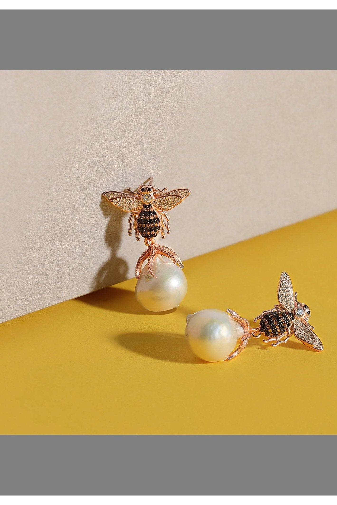 Baroque Pearl Honey Bee Drop Earrings Rosegold - LATELITA Earrings