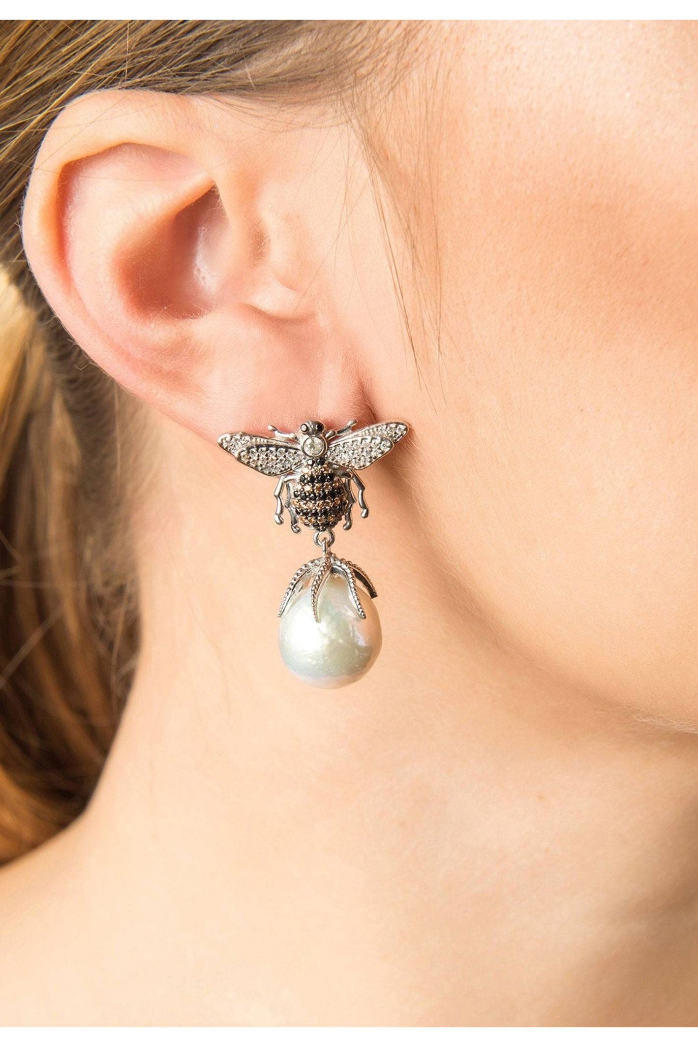 Baroque Pearl Honey Bee Drop Earrings Silver - LATELITA Earrings