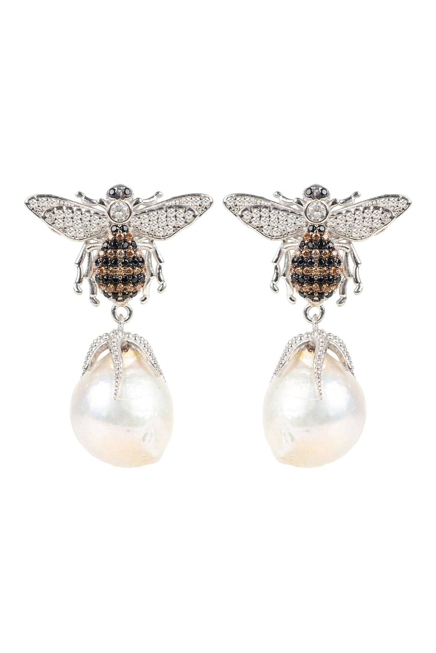 Baroque Pearl Honey Bee Drop Earrings Silver - LATELITA Earrings