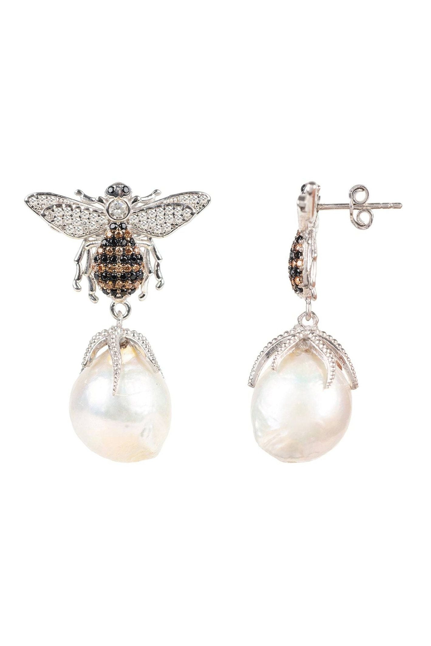 Baroque Pearl Honey Bee Drop Earrings Silver - LATELITA Earrings