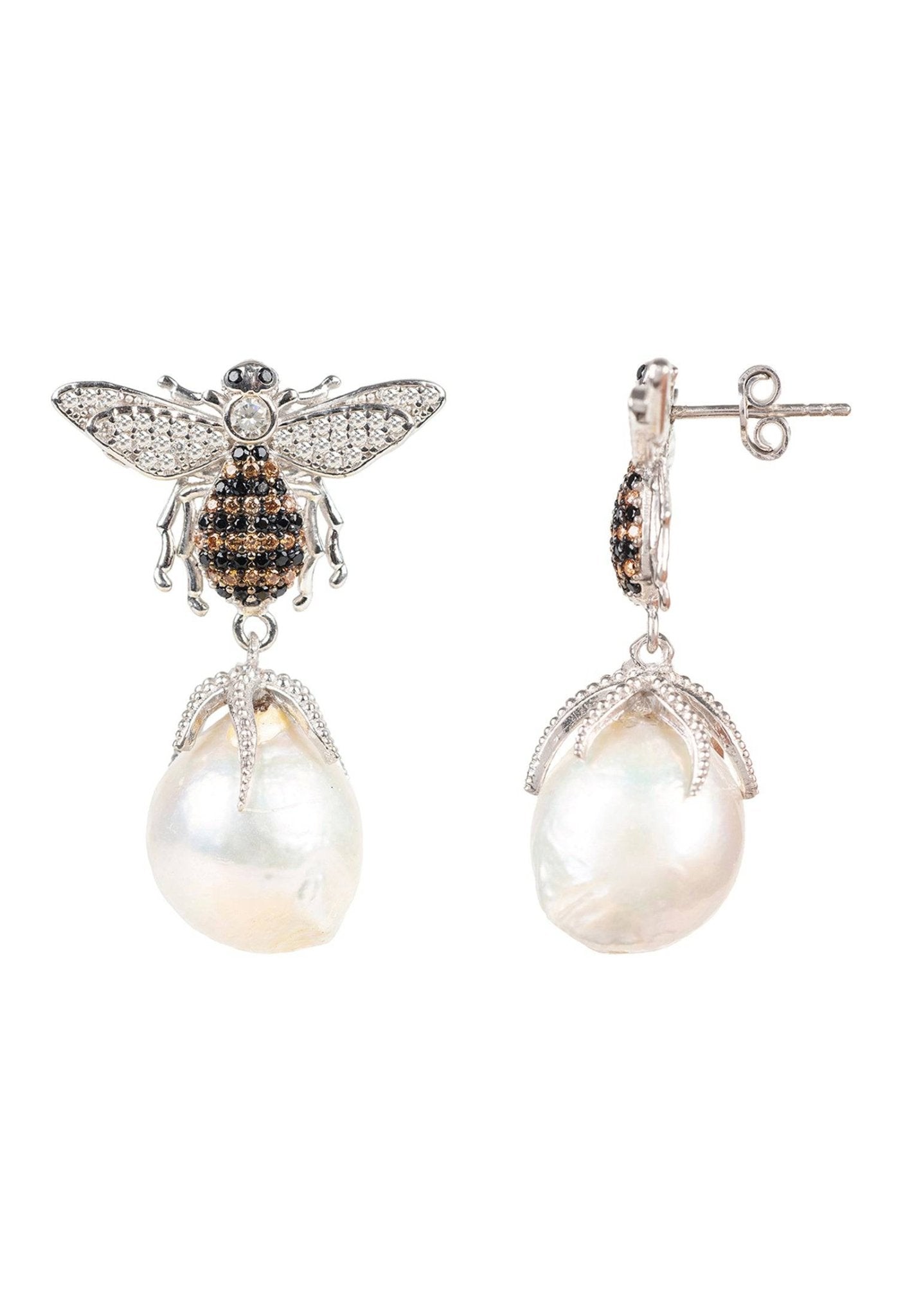 Baroque Pearl Honey Bee Drop Earrings Silver - LATELITA Earrings