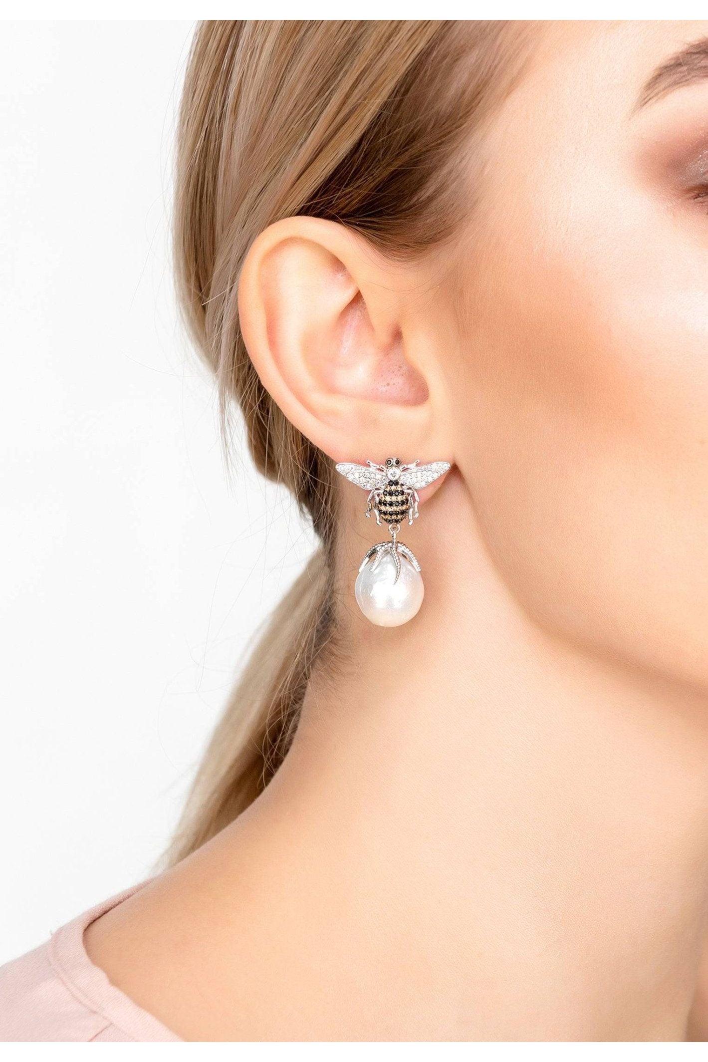 Baroque Pearl Honey Bee Drop Earrings Silver - LATELITA Earrings