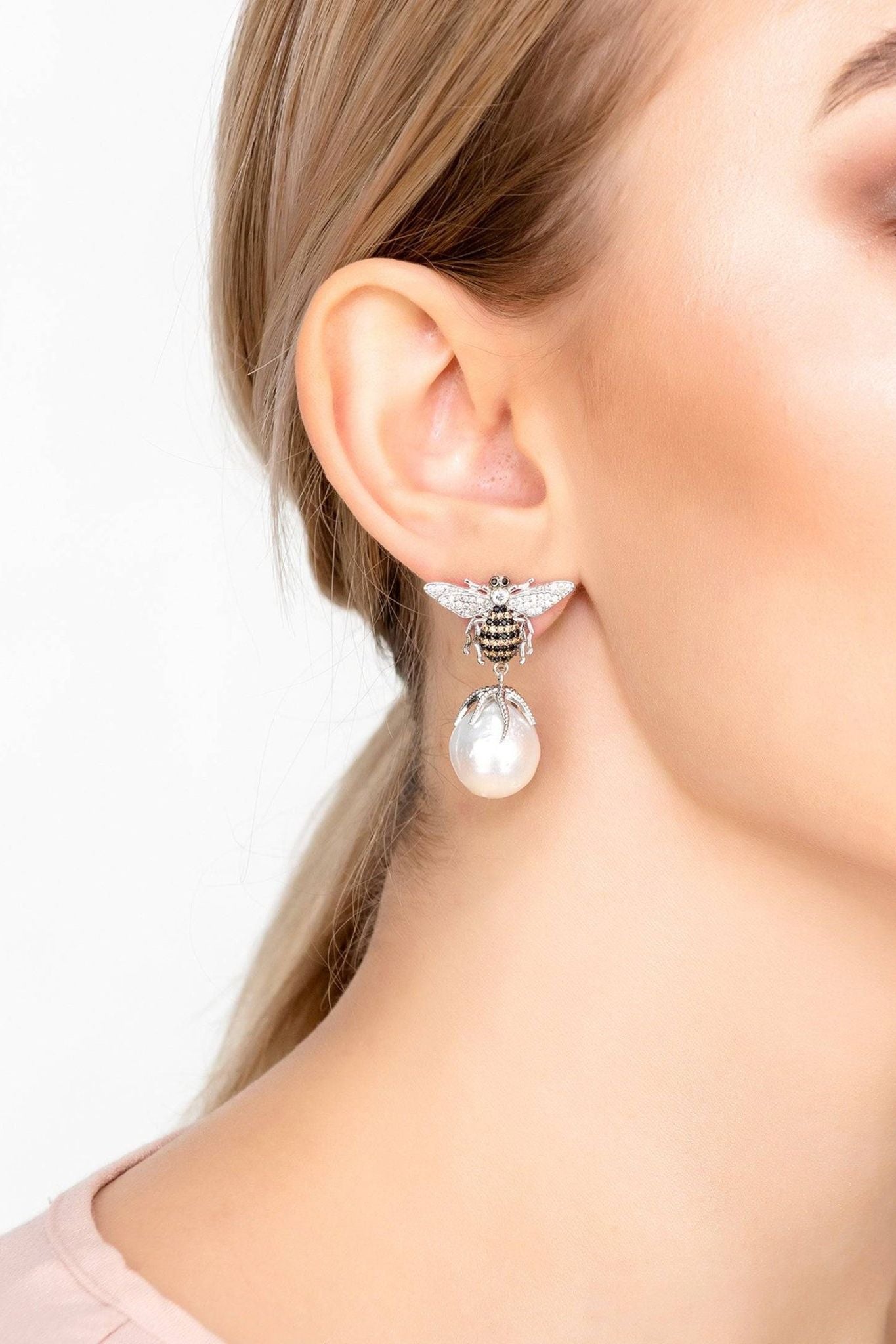 Baroque Pearl Honey Bee Drop Earrings Silver - LATELITA Earrings