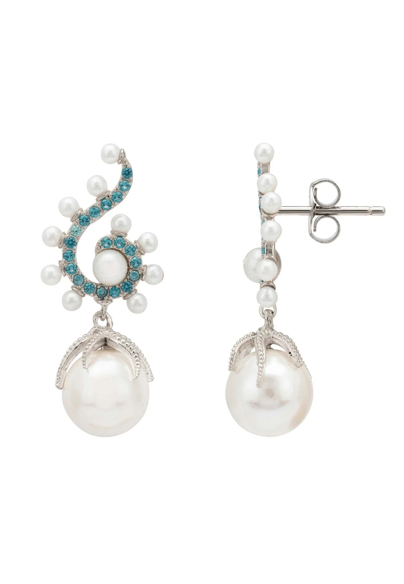 Baroque Pearl Poseidon Gemstone Drop Earrings Aqua Silver - LATELITA Earrings