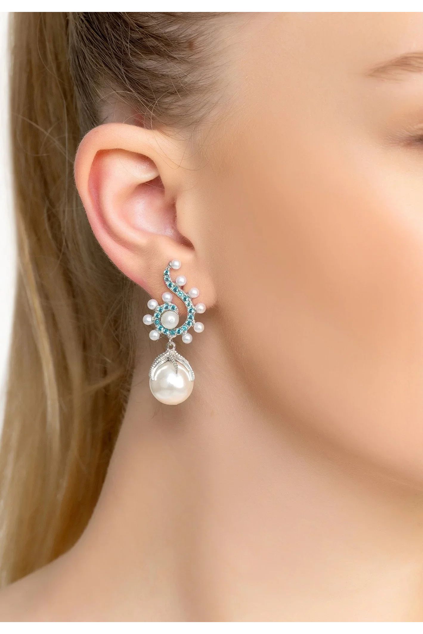 Baroque Pearl Poseidon Gemstone Drop Earrings Aqua Silver - LATELITA Earrings