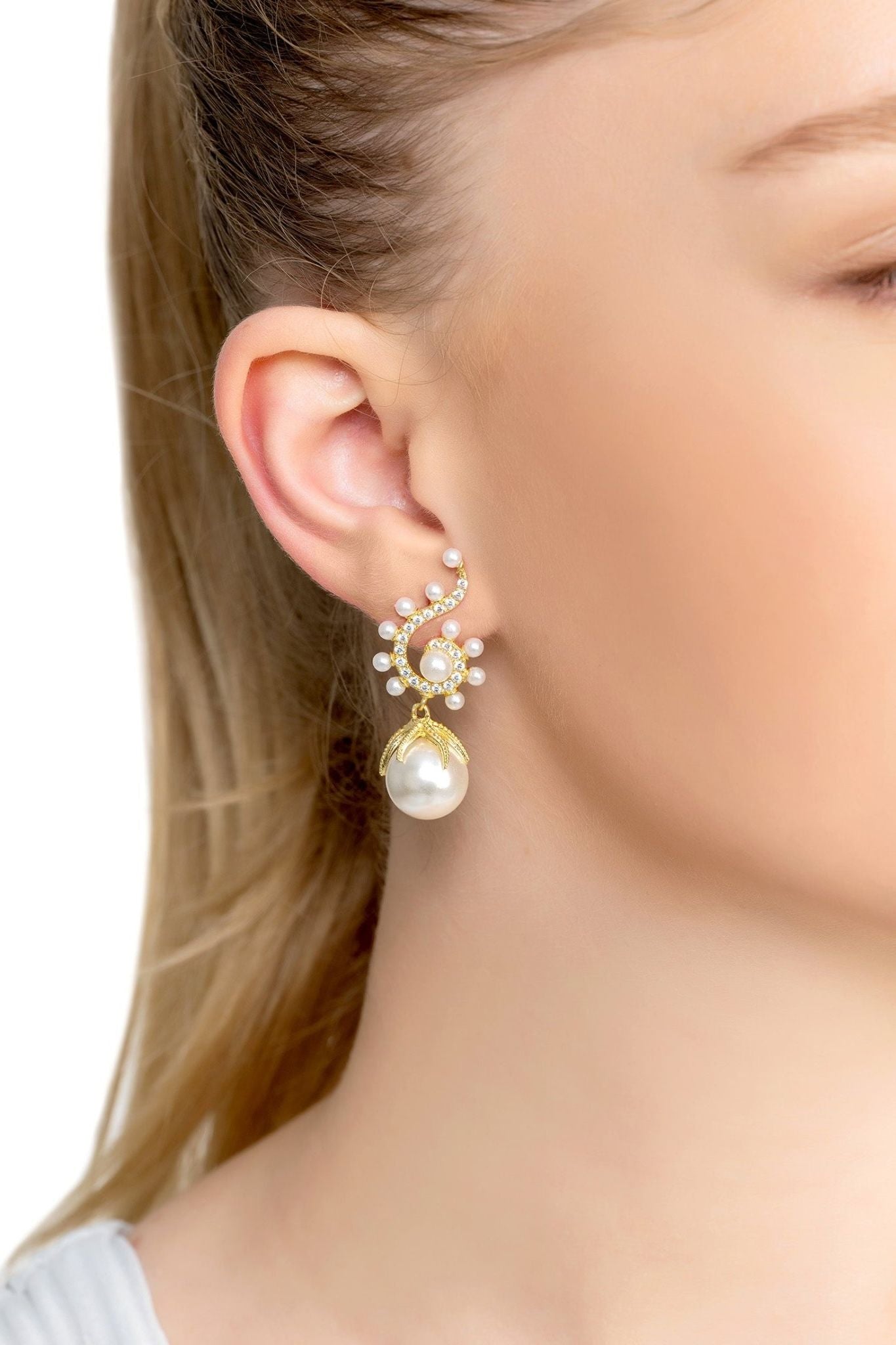 Baroque Pearl Poseidon Gemstone Drop Earrings White Gold - LATELITA Earrings