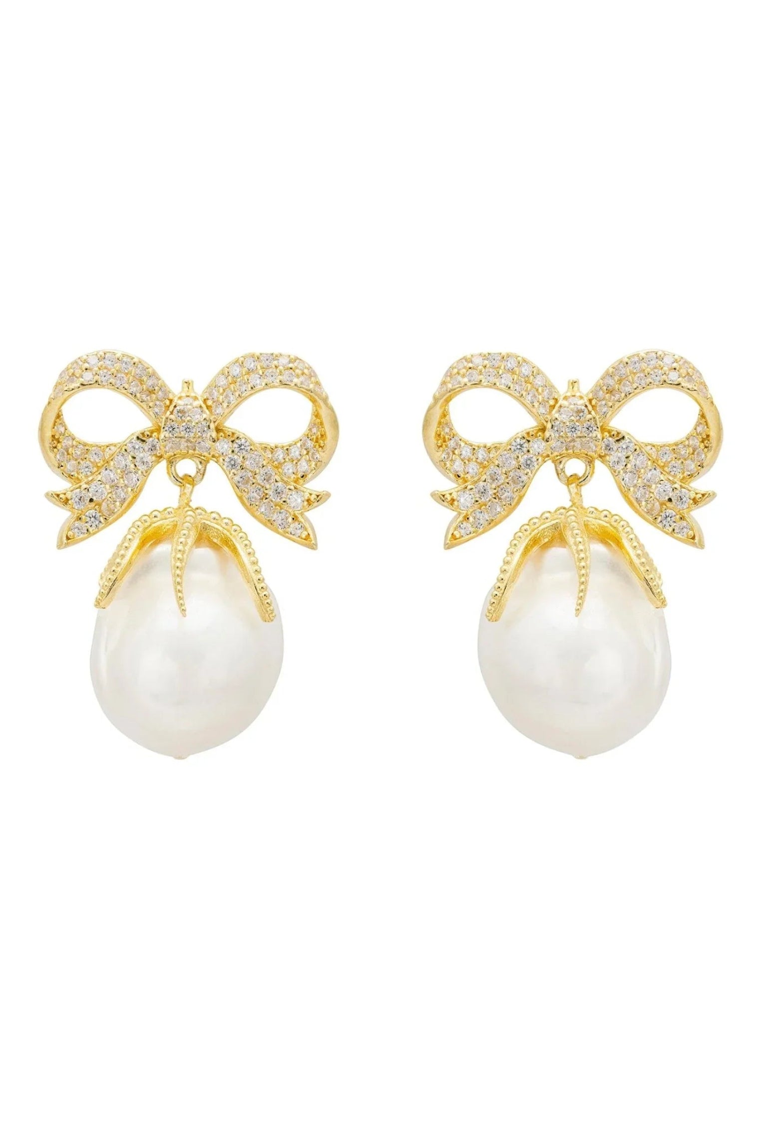 Baroque Pearl Ribbon And Bows Drop Earrings Gold - LATELITA Earrings