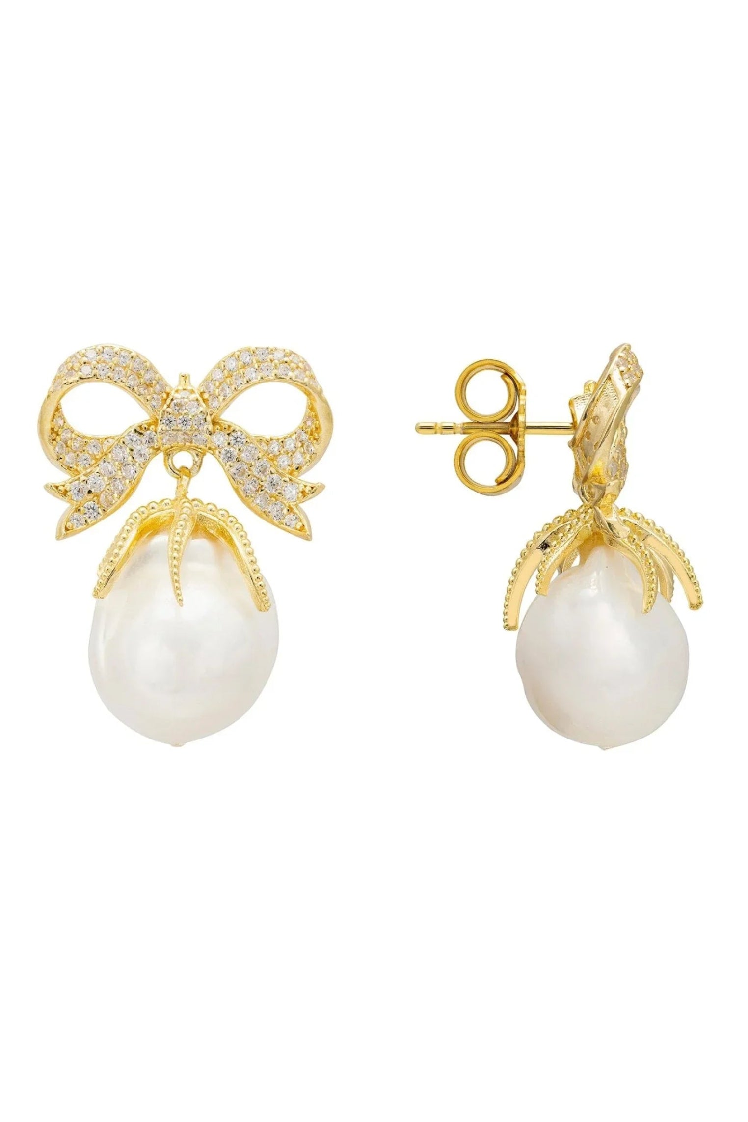 Baroque Pearl Ribbon And Bows Drop Earrings Gold - LATELITA Earrings
