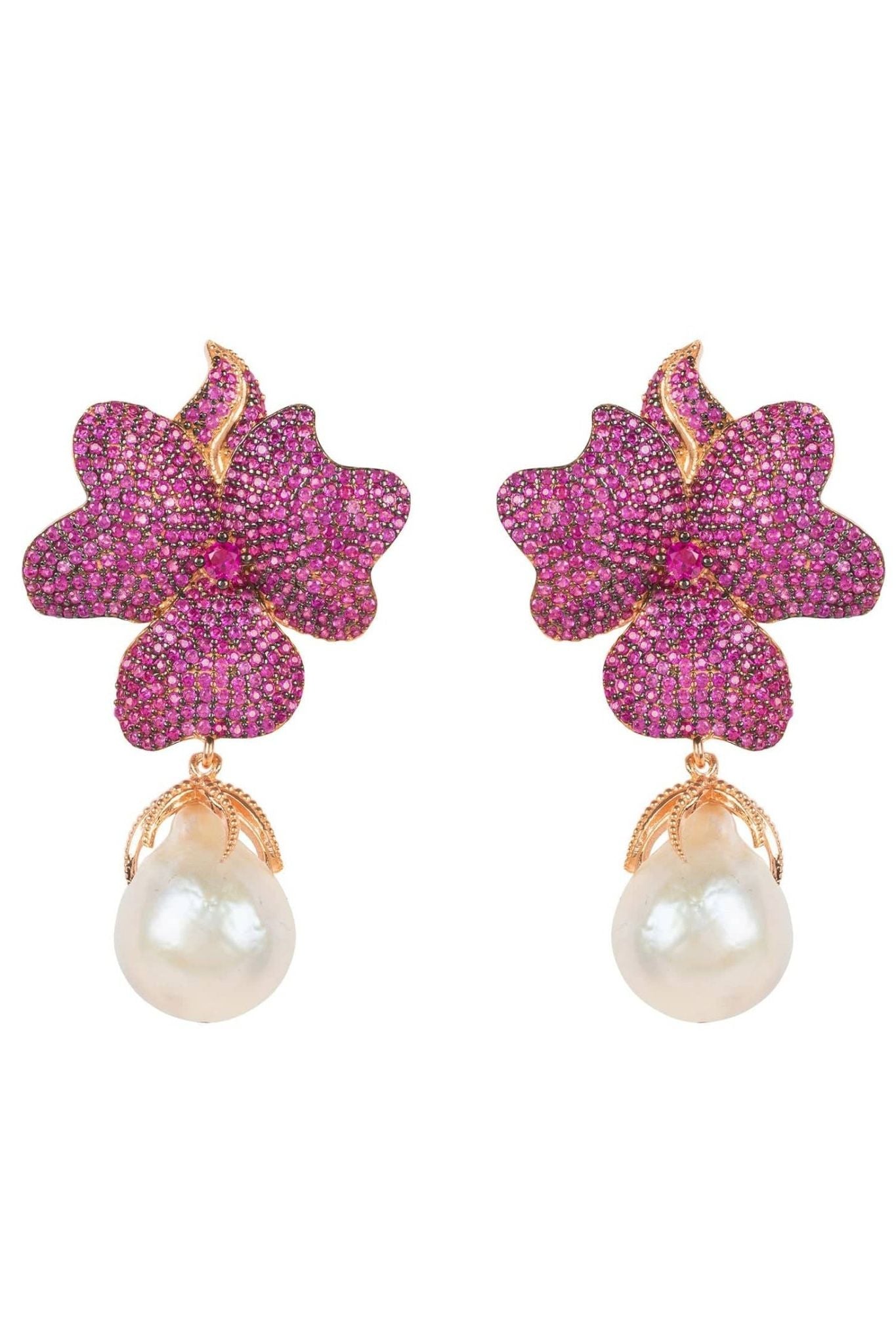 Baroque Pearl Ruby Red Flower Earrings Rose Gold - LATELITA Earrings