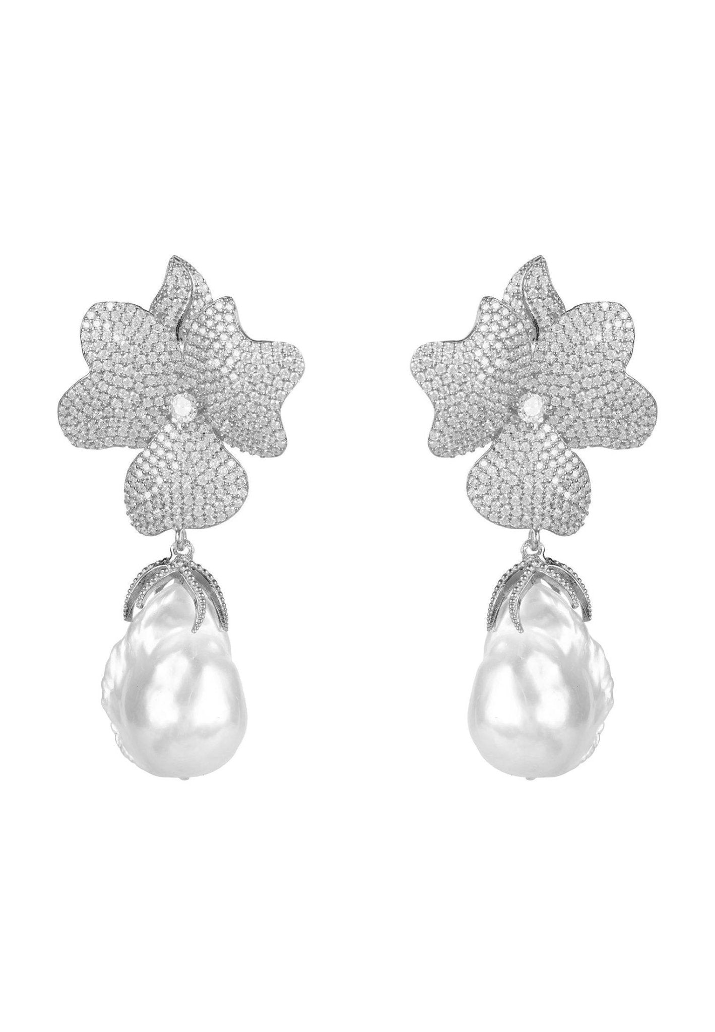Baroque Pearl White Flower Drop Earring Silver - LATELITA Earrings