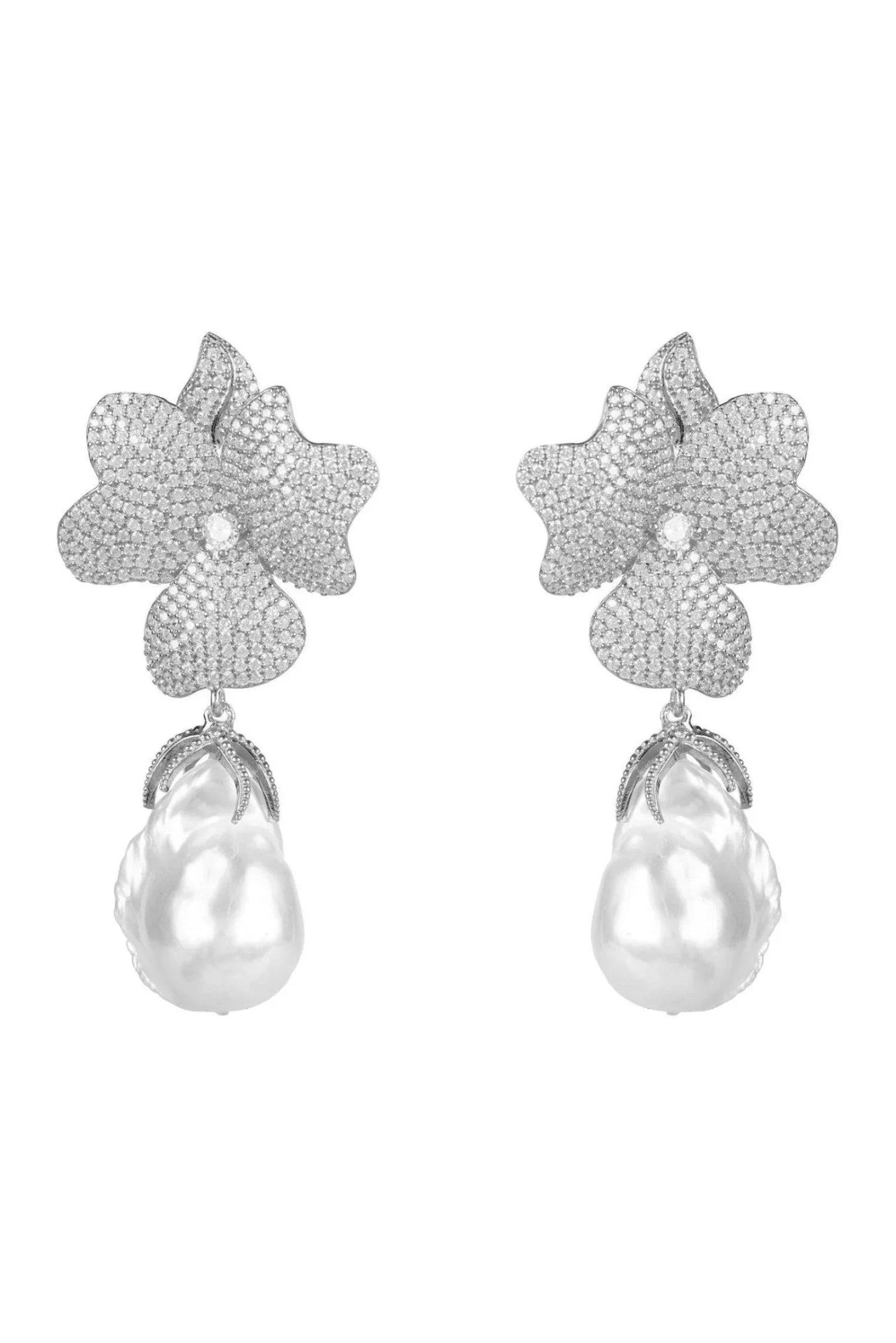 Baroque Pearl White Flower Drop Earring Silver - LATELITA Earrings