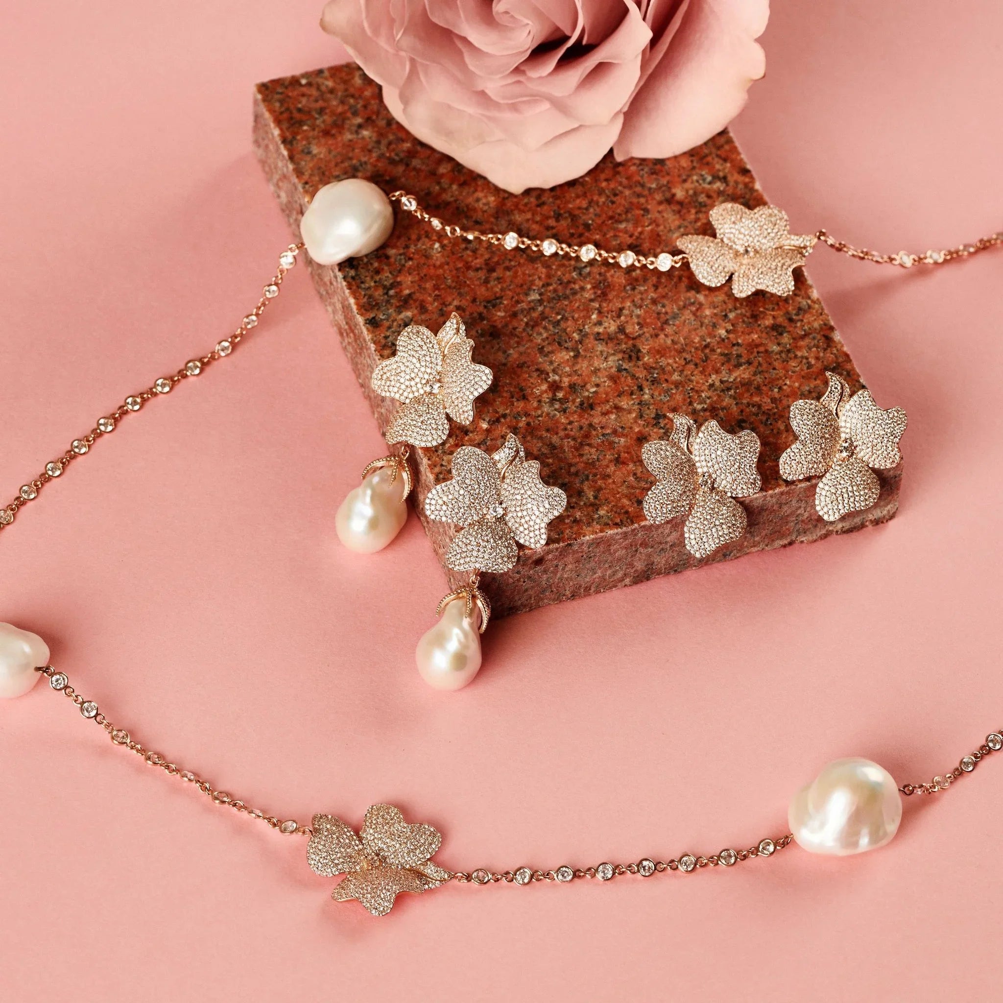 Baroque Pearl White Flower Drop Earrings Rosegold - LATELITA Earrings